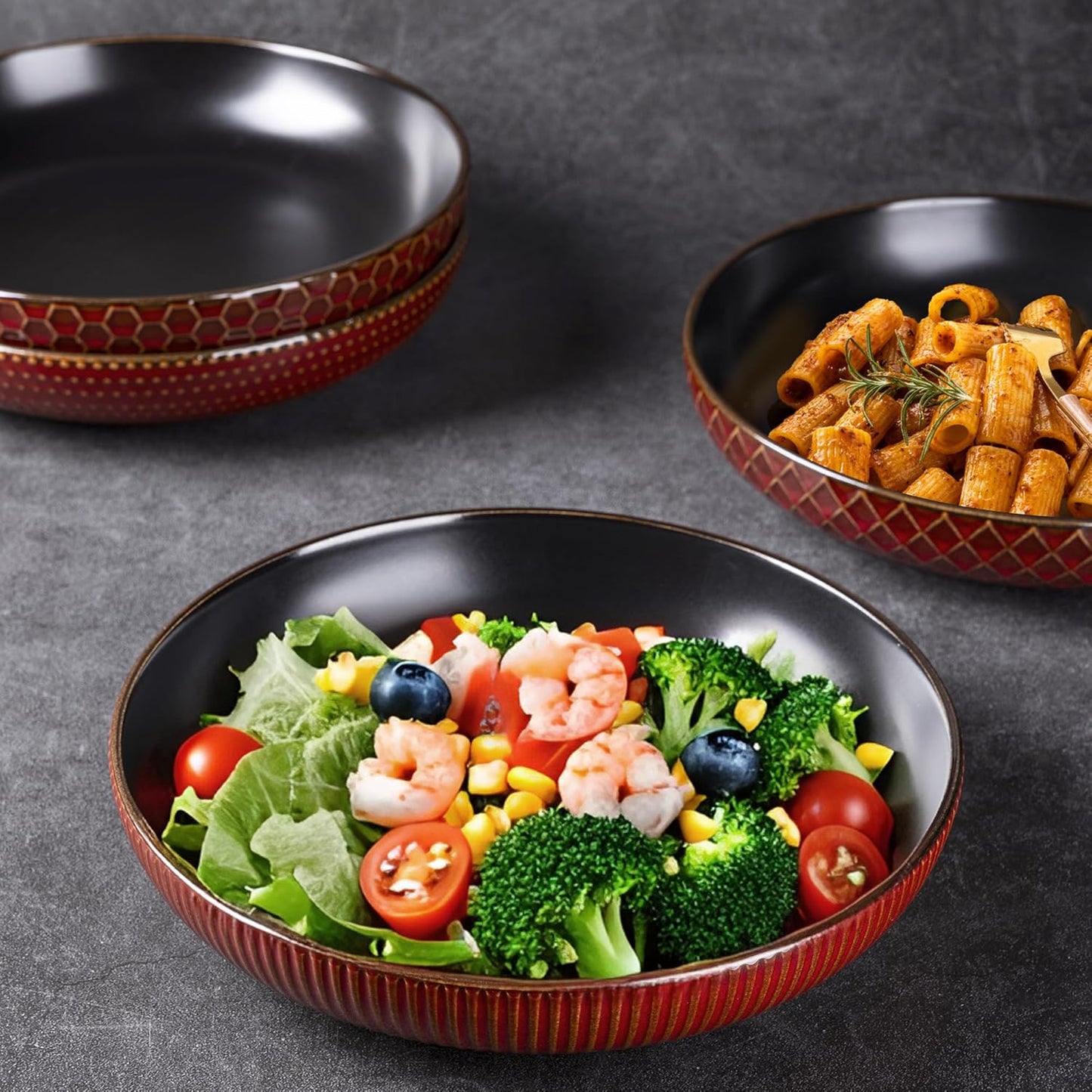 GBHOME 9.5'' Large Pasta Bowls, 42 Ounce Stoneware Salad Bowls for Kitchen, Ceramic Serving Bowls With Textured Pattern for Pasta,Fruit, Stews,Noodle, House-warming Gift, Set of 4-Rythmic Red