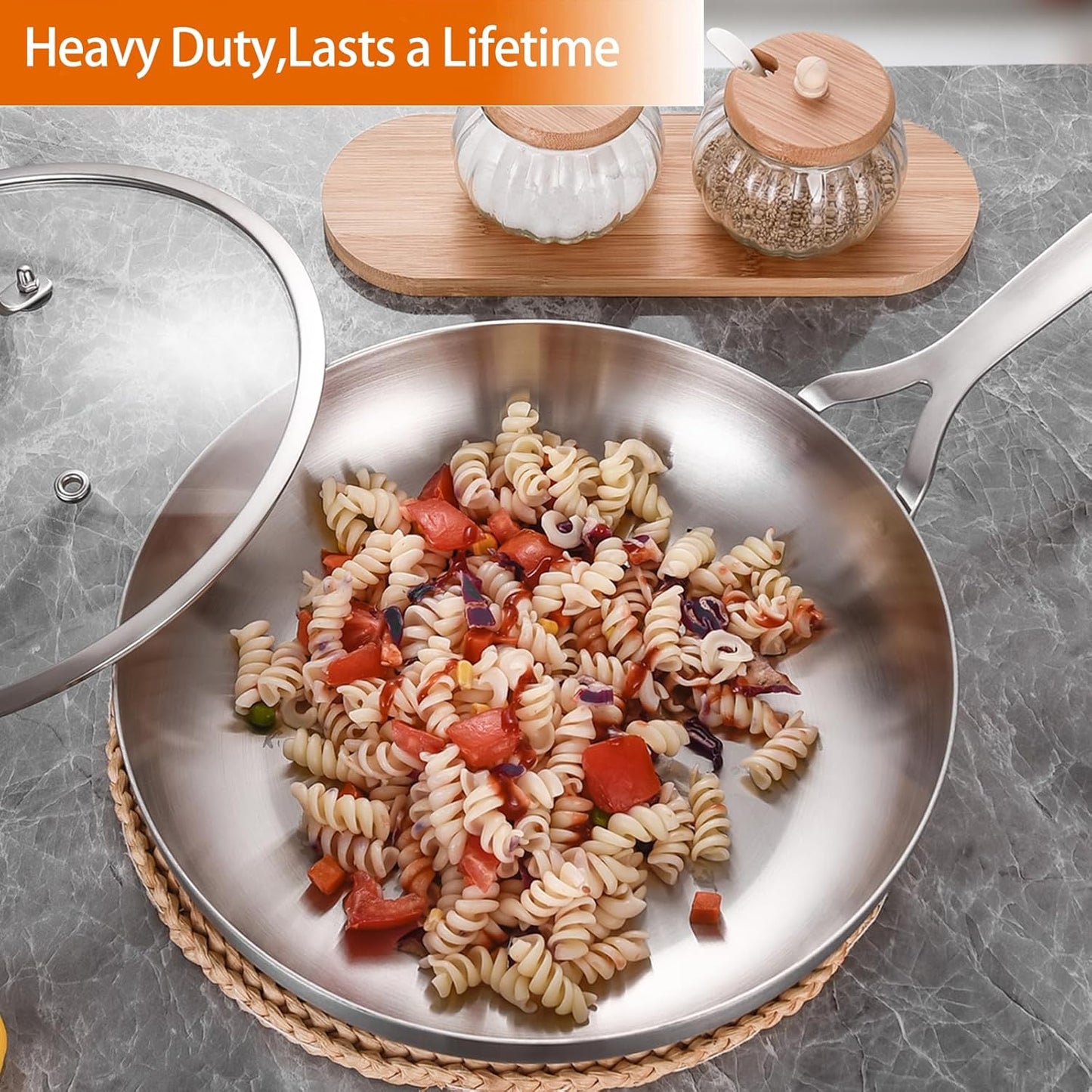 DELARLO Whole Body Tri-Ply Stainless Steel 12 Inch Frying Pan With Lid, kitchen large Skillet Suitable for All Stove Up to 600℉, 18/10 Cookware