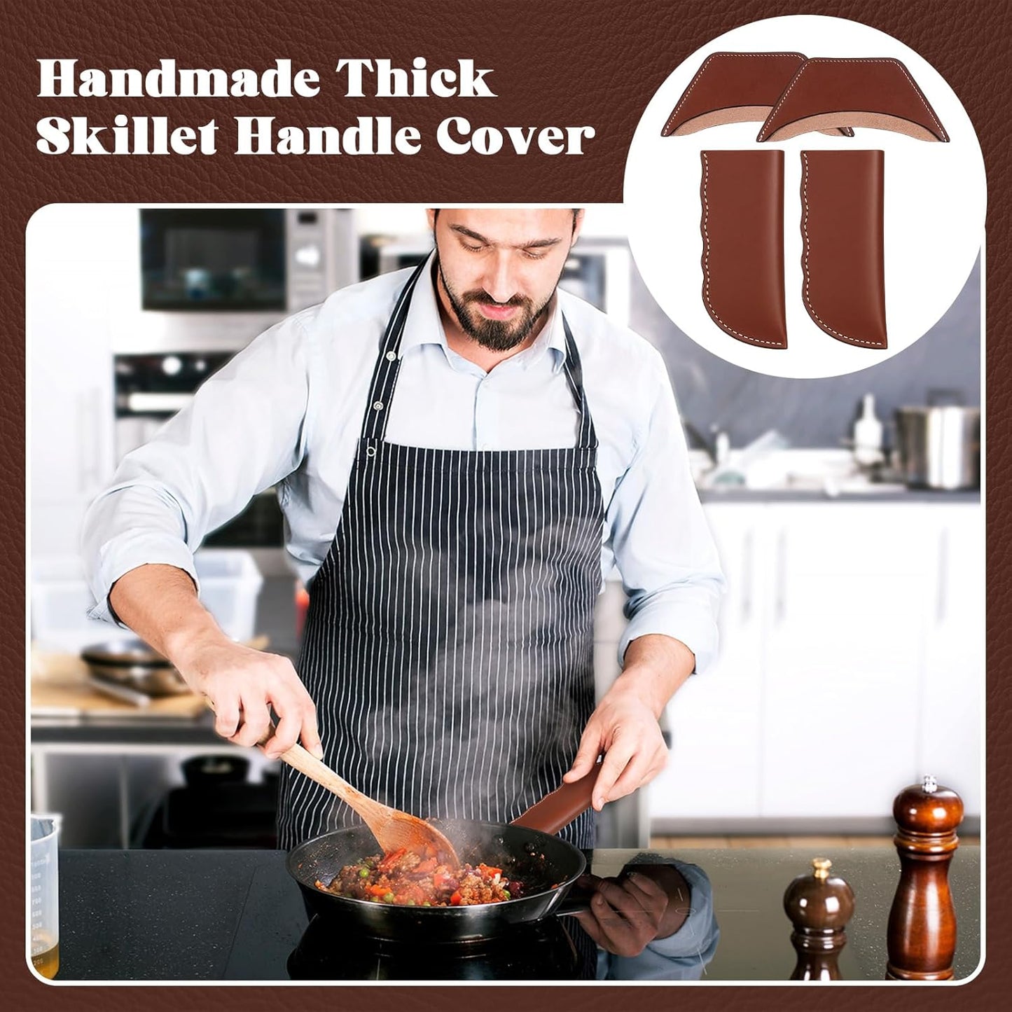 Baderke 4 Pcs Leather Cast Iron Handle Cover Handmade Leather Heat Resistant Skillet Handle Set Pot Holder for Hot Frying Pans, Pots(Dark Brown)