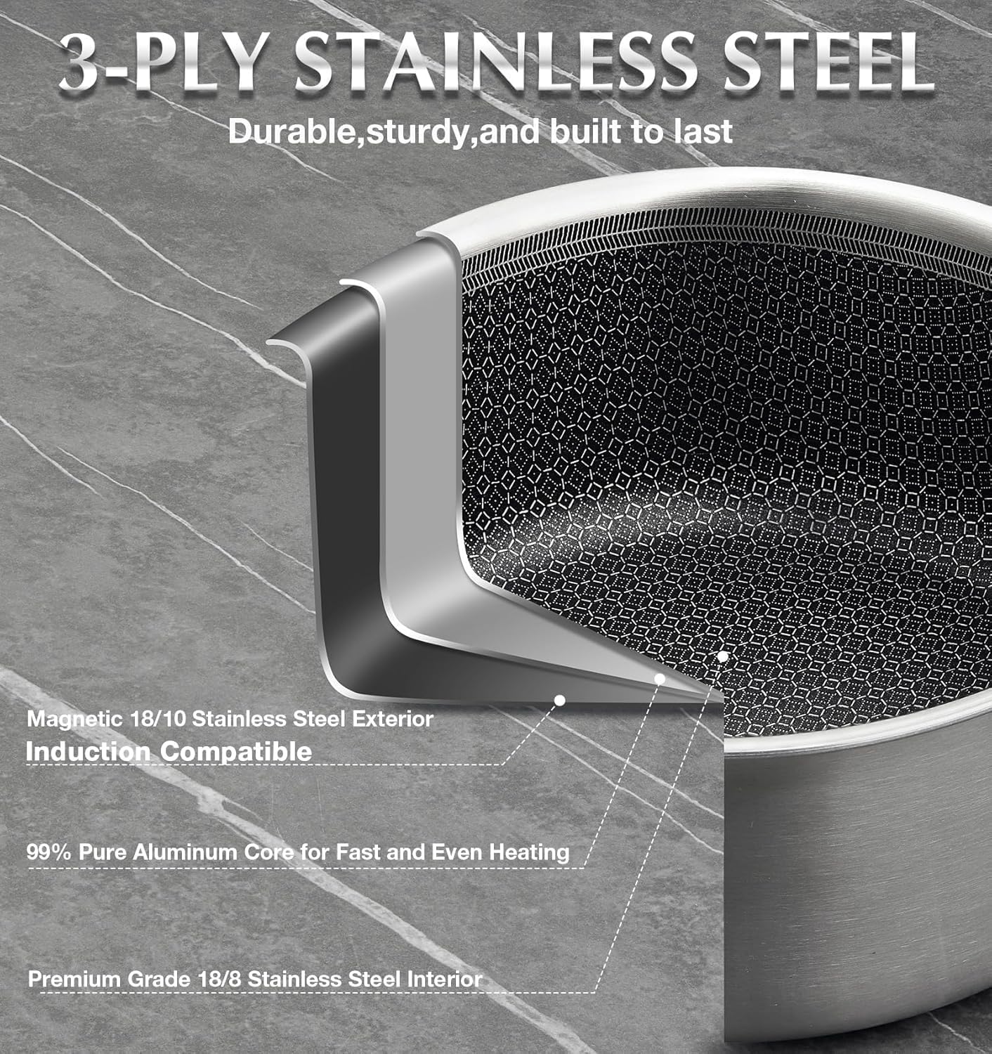 KOCH SYSTEME CS Hybrid Nonstick Stainless Steel Sauce Pan with Steamer Insert, 18/10 Steel 2QT Sauce Pan with Lid, Triple Stainless Steel Pot with Honeycomb Interior, Induction Compatible & Oven Safe