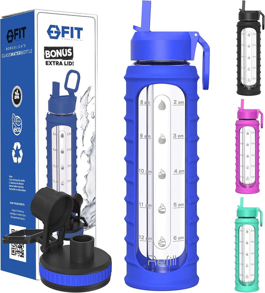 FIT Strong & Healthy 32 oz Glass Water Bottle with Straw Lid, Time Marker, Sleeve & Extra Lid - Motivational, Wide Mouth 1 Liter Glass Drinking Bottle