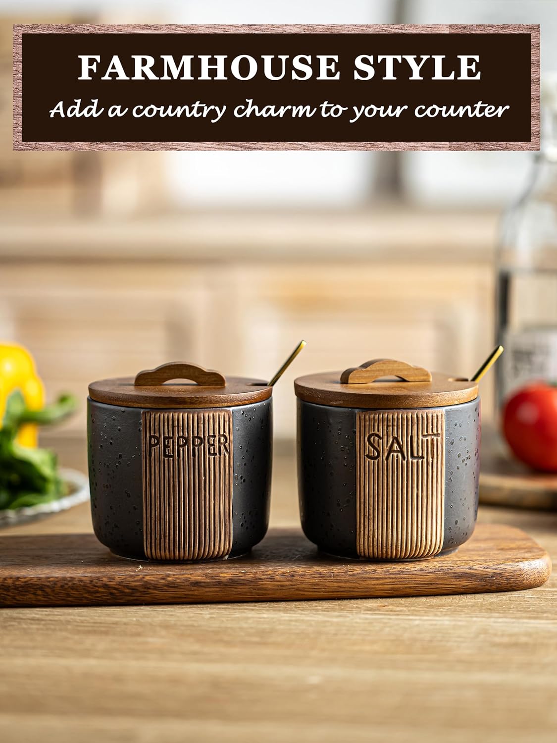 Salt and Pepper Bowl, Ceramic Salt Containers for Countertop, Salt and Pepper Cellar with Lid and Spoons, Black