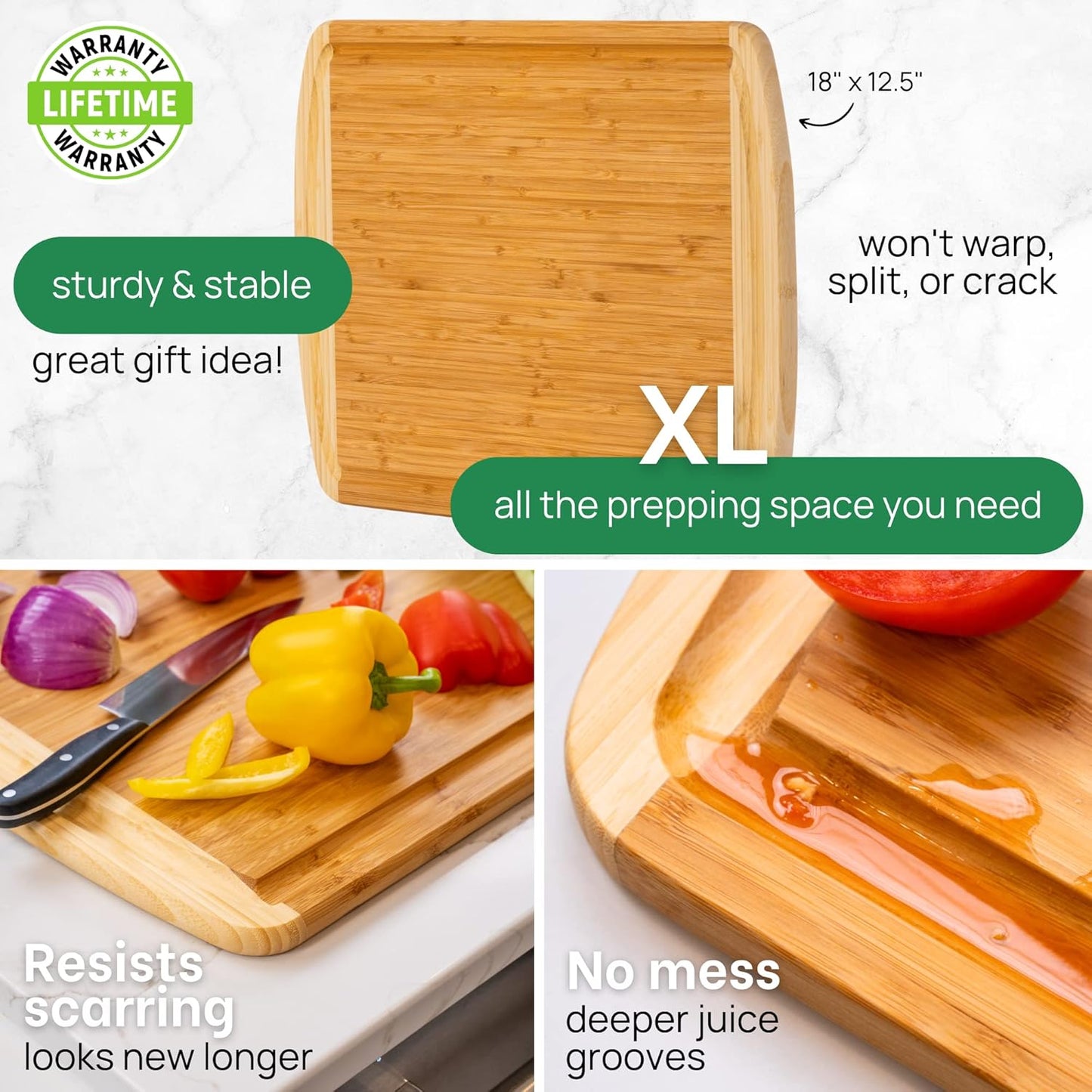 Organic Extra Large Bamboo Cutting Board –18 Inch Reversible Wooden Chopping Board with Juice Groove – Used to Chop, Slice & Serve – Intended for Home Cooks, Families & Entertainers for Meal Time Prep