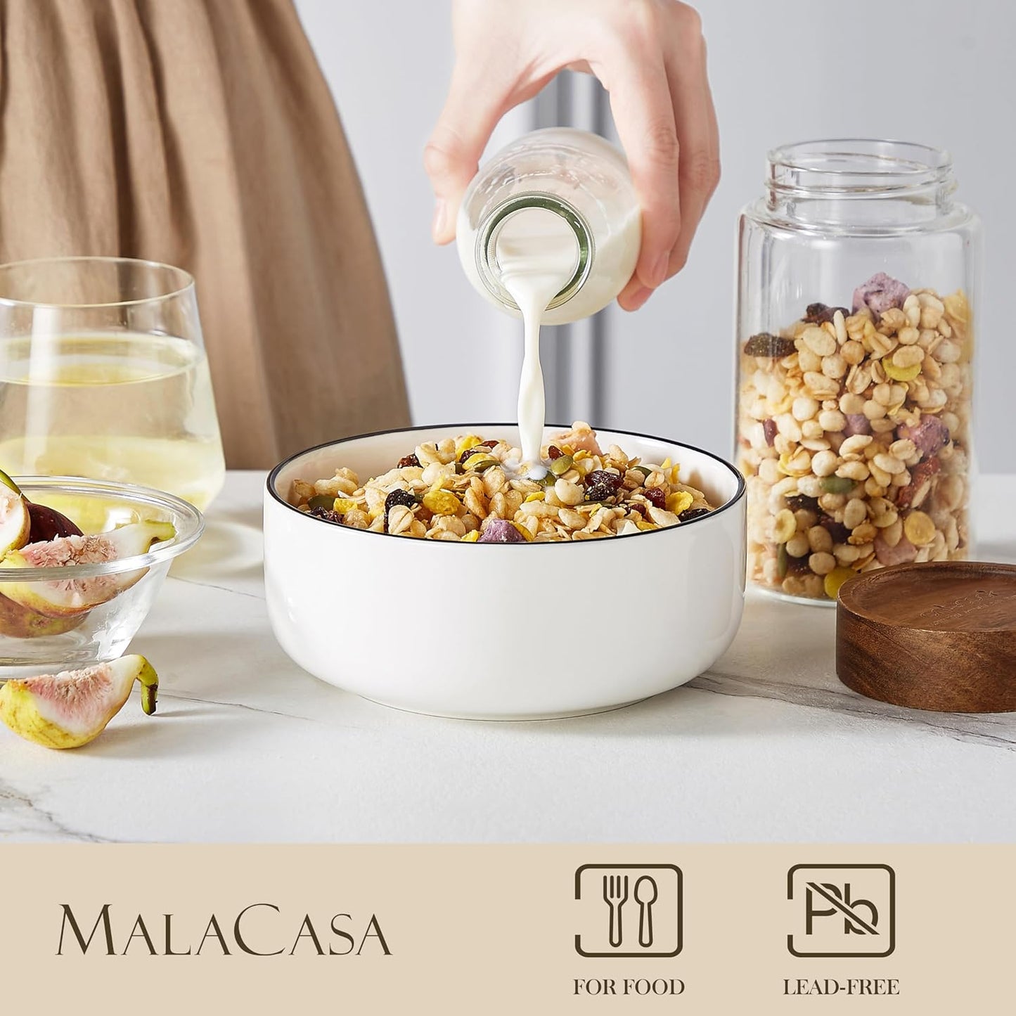 MALACASA 24 OZ Cereal Bowls, Porcelain Soup Oatmeal Bowls Set of 6, White Kitchen Ceramic Serving Bowl wtih Black Rim, Dishwasher Microwave Oven Safe, White, Series LUNA