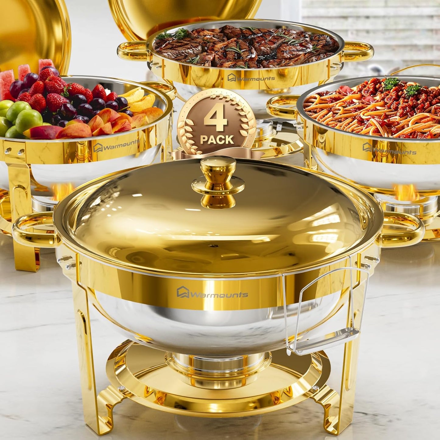 Gold Chafing Dishes for Buffet (5QT, 4 Pack), Round Chafers and Buffet Warmers Sets with Lid Holder, Food-Grade Stainless Steel, Rolled Edge Design, for Catering Events, Parties, Weddings