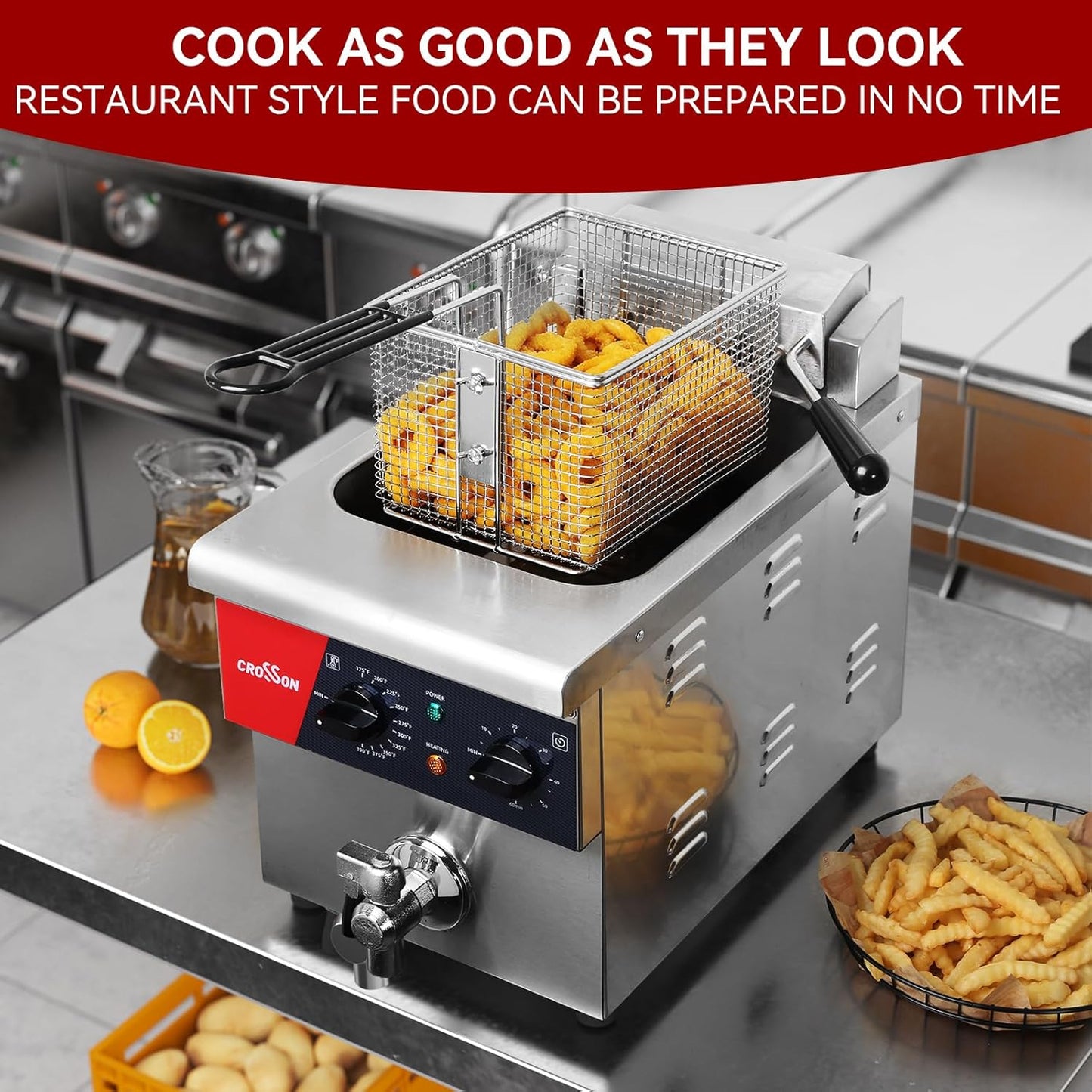 CROSSON 8L Countertop Electric Deep Fryer with Draining Valve,Solid Basket and Lid for Restaurant Use 120V,1800W Stainless Steel Commercial Deep Fryer