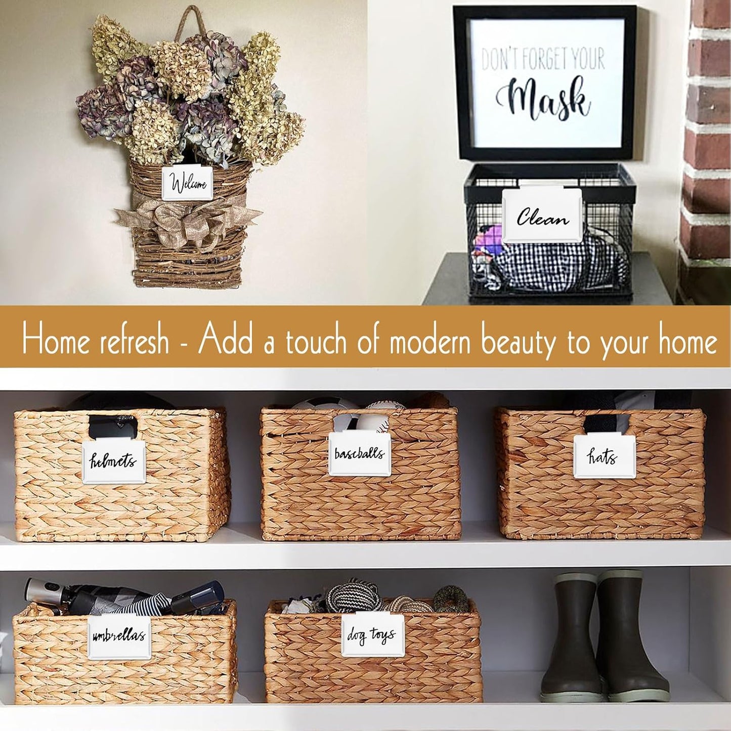 Basket Labels Clip on | Label Holders for Basket or Storage Bins Includes Black Chalk Markers (18 White Holders + 4 Black Chalk Makers)