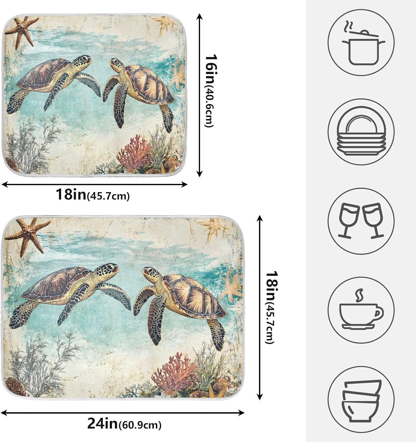 Vintage Ocean Sea Turtle04 Dish Drying Mat for Kitchen Counter Absorbent Microfiber Small Drying Pad Dish mats for Kitchen Countertops 16 x 18 Inch