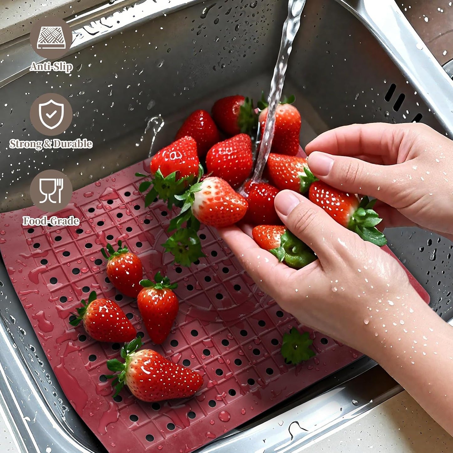 WILLKOMMEN Kitchen Sink Mat, 12" x 10" Rectangular Sink Protector Pad, Fast-Draining Grid Design Liner, Dish Drying Mat 2 Pack Red