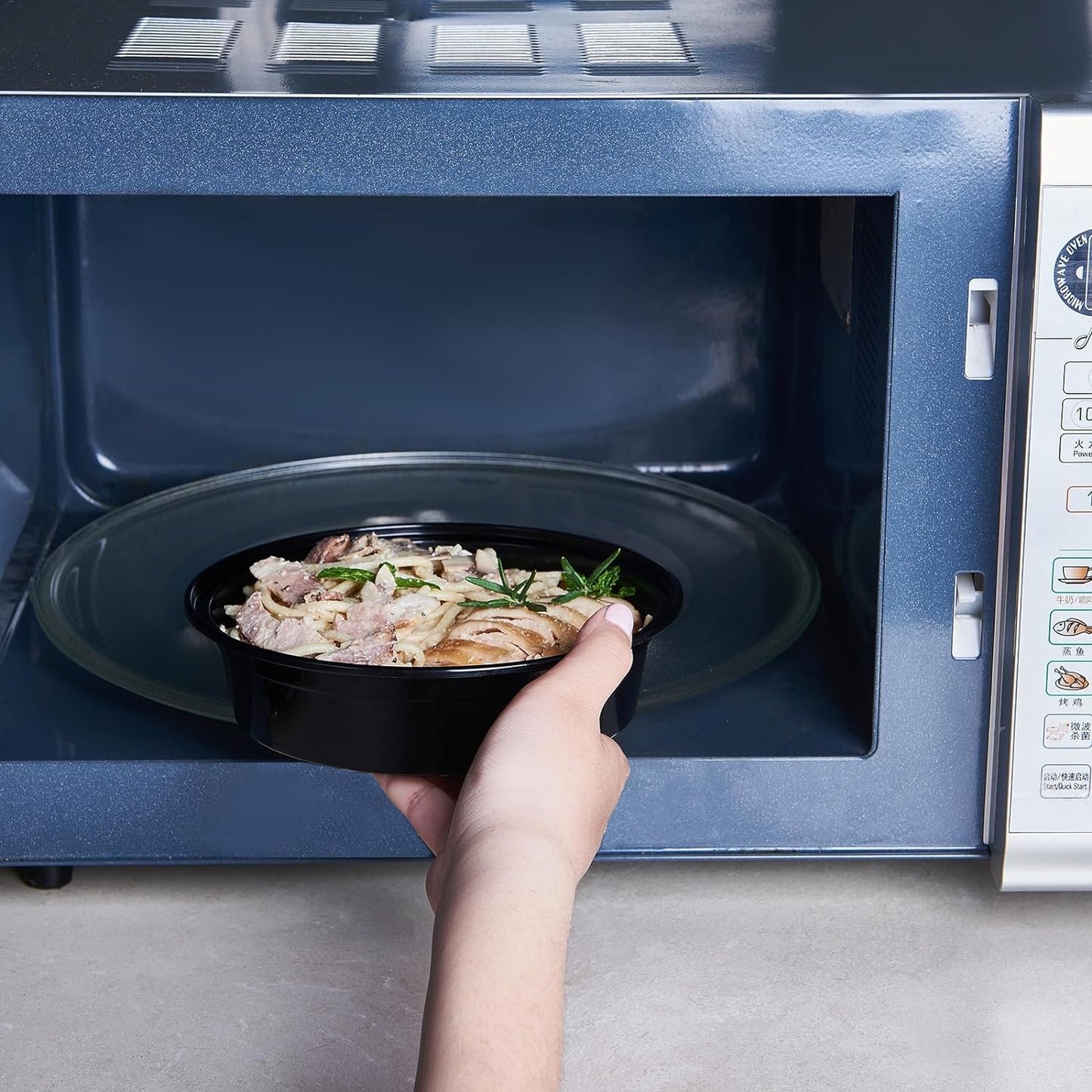 FULING 24 oz 50 ct Round Meal Prep Food Storage Containers with Lids To Go Plastic Lunch Plan Box Disposable Take Out Bowls Black BPA Free Reusable Durable Stackable Microwave Freezer Dishwasher Safe