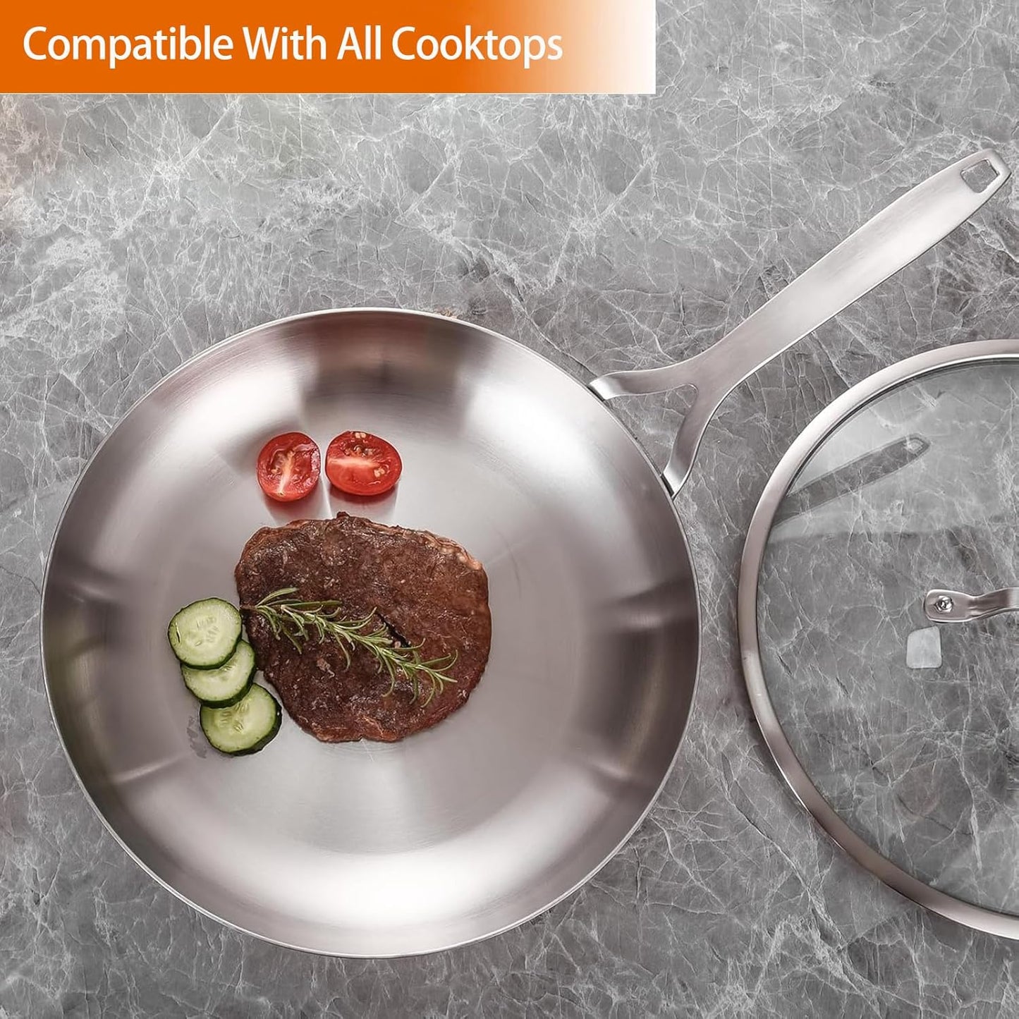 DELARLO Tri-ply Stainless Steel Frying Pan Set with Lid 8" 10" 12" large Skillets Induction Chef's Pan,Pots and Pans Set Kitchen Cookware Frying Pan Set Dishwasher and Oven Safe