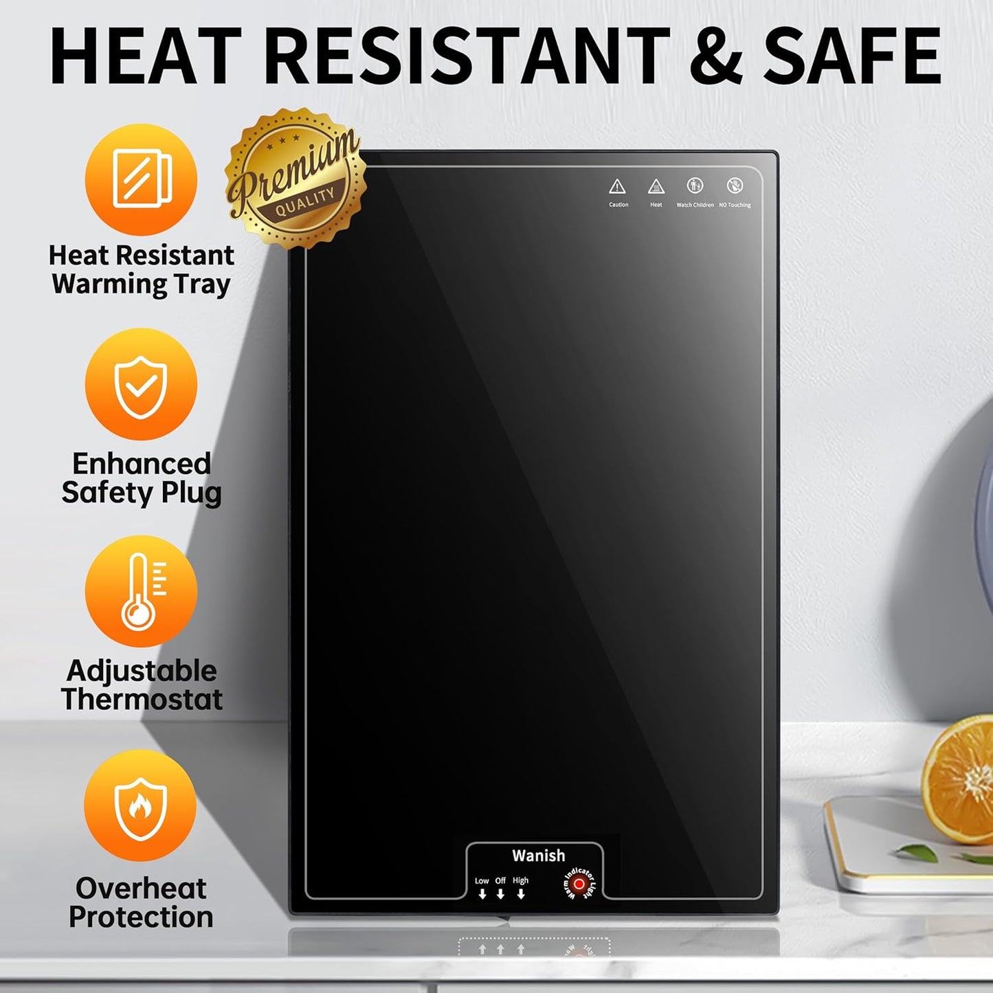 Electric Warming Tray（Large 22”x14”），Food Warmer with Thermostat and Full Surface Heating，Food Warming Mat with 2 Temperature Modes for Parties Buffet，Gatherings，Heat Resistant Glass，Black