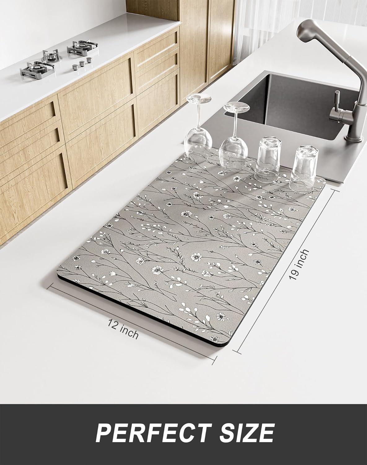 Rnivvi Dish Drying Mat for Kitchen Counter, 12 x 19" Cute Flower Theme Super Absorbent Draining Pad, Non-Slip Heat Resistant Coffee Bar Mats for Coffee Machine Station Accessories, Grey Dish Rack Pad