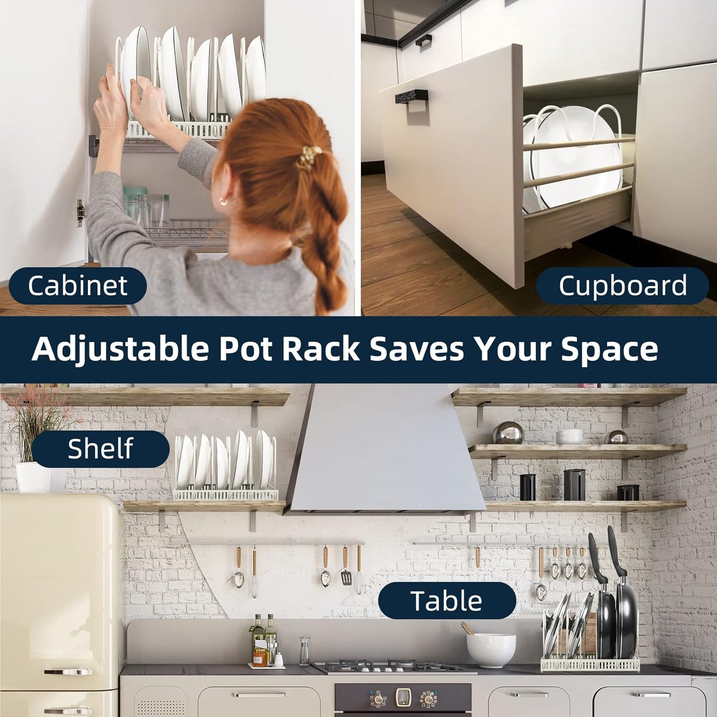 ROOHUA Pot Rack - Expandable Pot & Pan Organizer for Cabinet, 10 Adjustable Compartments (Apricot, 10)
