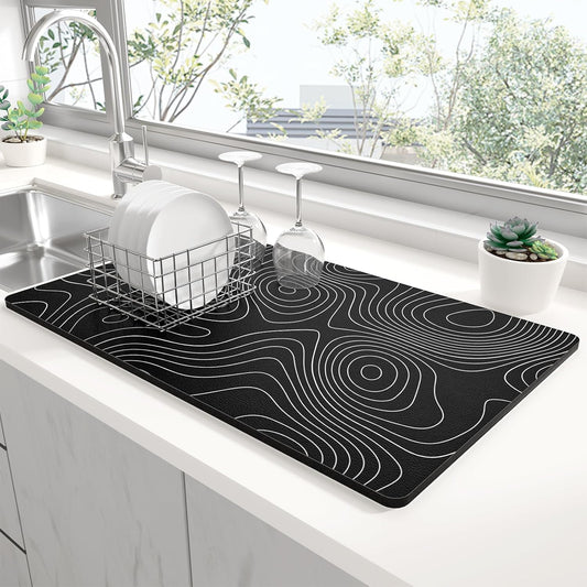 Rnivvi Dish Drying Mat for Kitchen Counter, 12 x 19" Cute Marble Super Absorbent Draining Pad, Non-Slip Heat Resistant Coffee Bar Mats for Coffee Machine Station Accessories, Line Art Dish Rack Pad