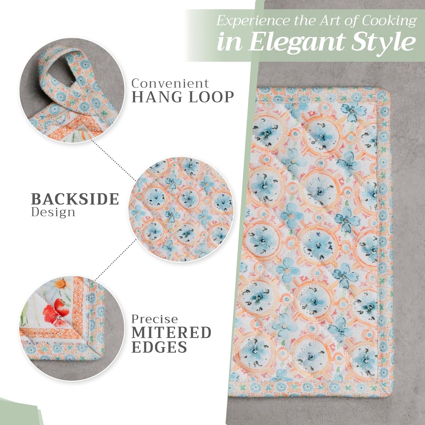 Maison d' Hermine 100% Cotton Oven Mitt & Pot Holder Set (7.5"x13" & 8"x8") Heat Resistant BBQ Cooking Gloves with Loop, Baking, Grilling, Kitchen, Handling Hot Pans Spring/Summer (Summer Whisper)