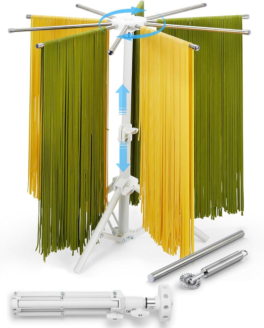 Pasta Drying Rack Collapsible, 360° Rotating, Adjustable Height(14.5"-23.6"), 304 Stainless Steels Arm, Large Noodle Dryer Foldable with Ravioli Wheel for Homemade Fresh Pasta Spaghetti