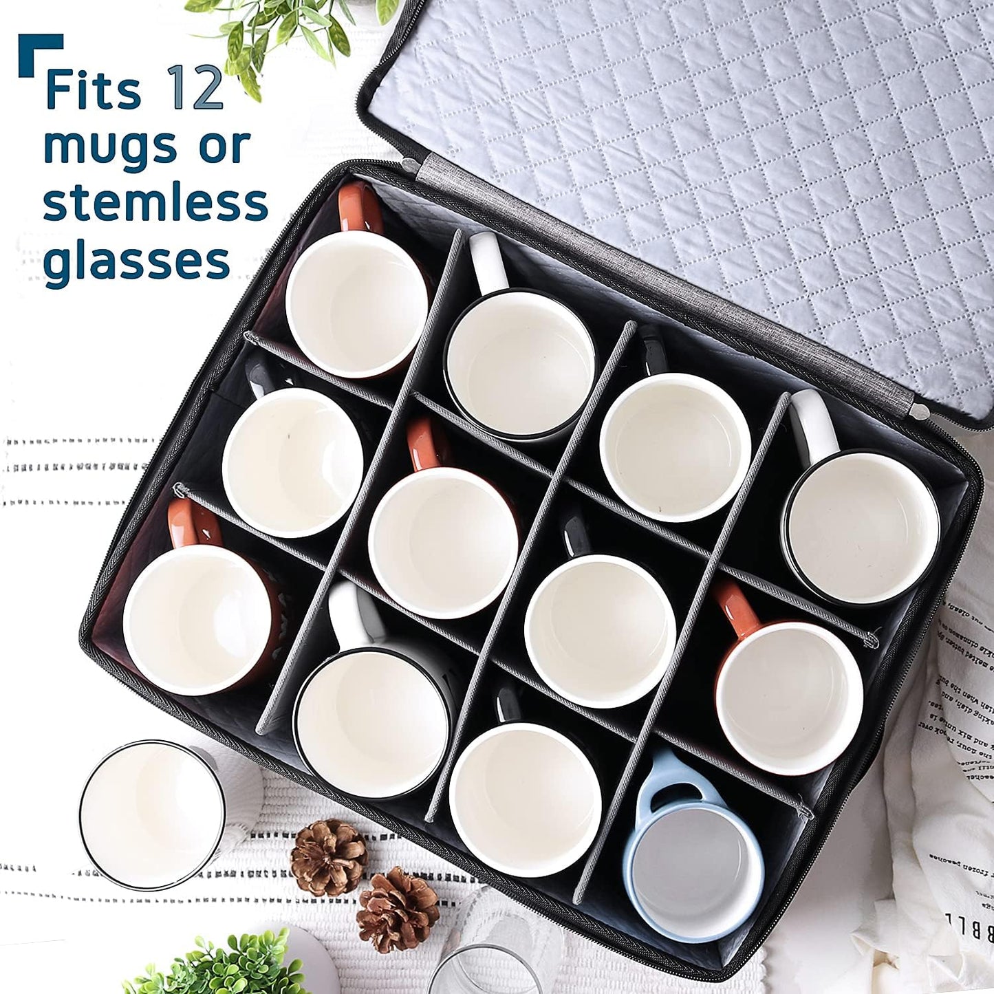 Coffee Mug Storage, 2 Pack Quilted and Stackable Coffee Cup Storage Organizer for Service of 12, Mug Storage Box with Dividers, Mug China Storage Containers Hard Shell for Moving and Seasonal Storage
