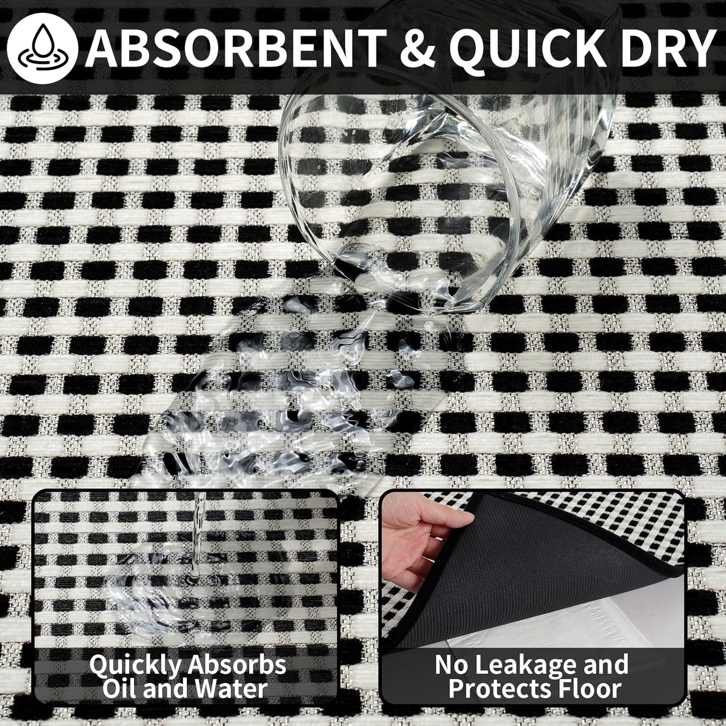 Large Kitchen Runner Rugs Long Kitchen Mat Non Slip Washable, Super Absorbent Soft Chenille Braided Kitchen Mats for Floor, Rubber Backing Kitchen Sink Standing Mat, Easy Clean, Black 36"x71"