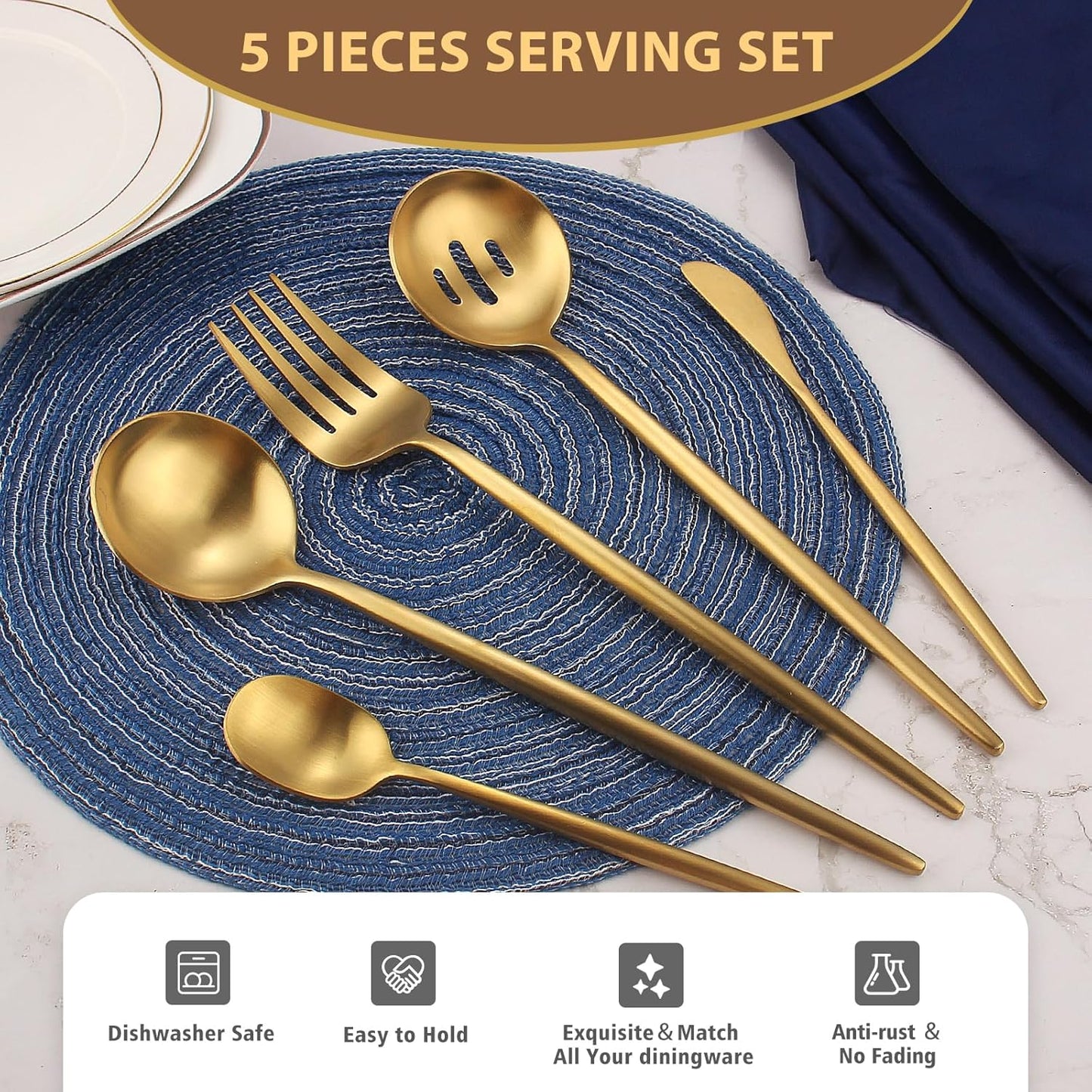 Matte Gold Serving Set，Oliviola 5-Piece Stainless Steel Large Hostess Set with Round Edge, Satin Finished, Dishwasher Safe -Large Spoon, Large Fork,Butter Knife，Sugar Spoon & Slotted Spoon