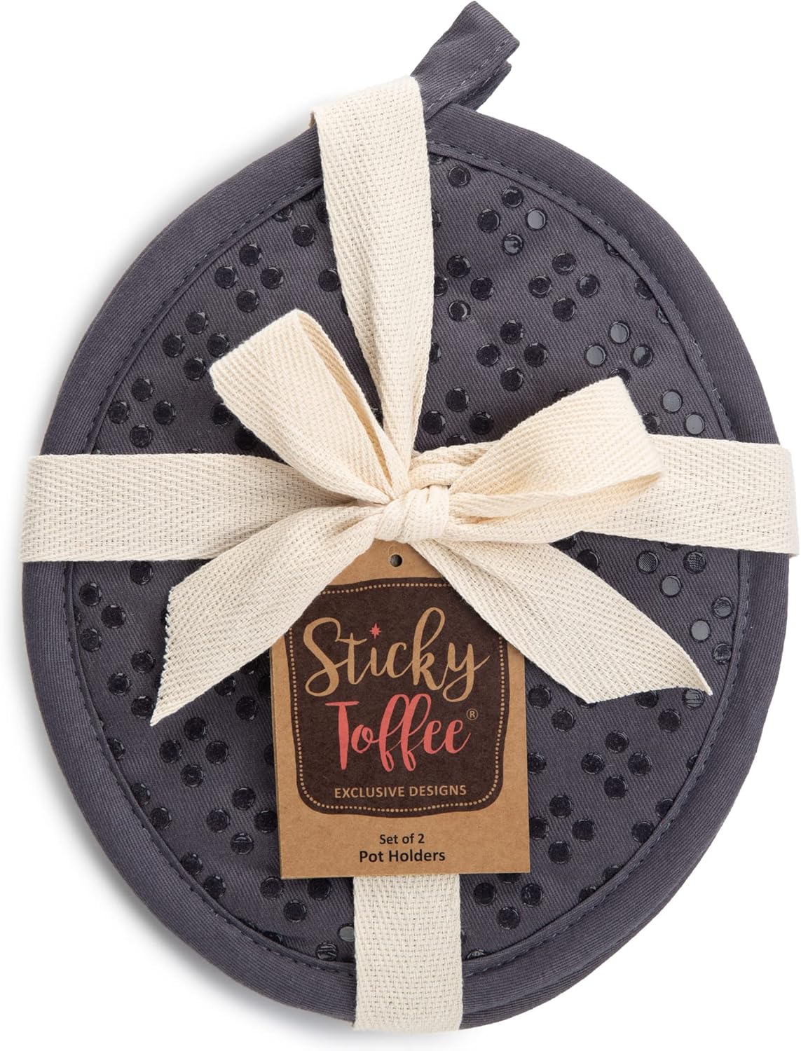 Sticky Toffee Silicone Pot Holders Set of 2, Gray, Heat Resistant to 500°F, Non-Slip Oven Hot Pads with Oeko-Tex Cotton Shell, 7 x 9 in