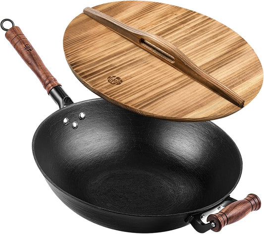 WANGYUANJI 14.2 Inch Cast Iron Wok with Lid – Flat Bottom Chinese Stir Fry Pan, Handcrafted Non-Coated Iron Cookware for Induction, Gas & Electric Stoves, Black