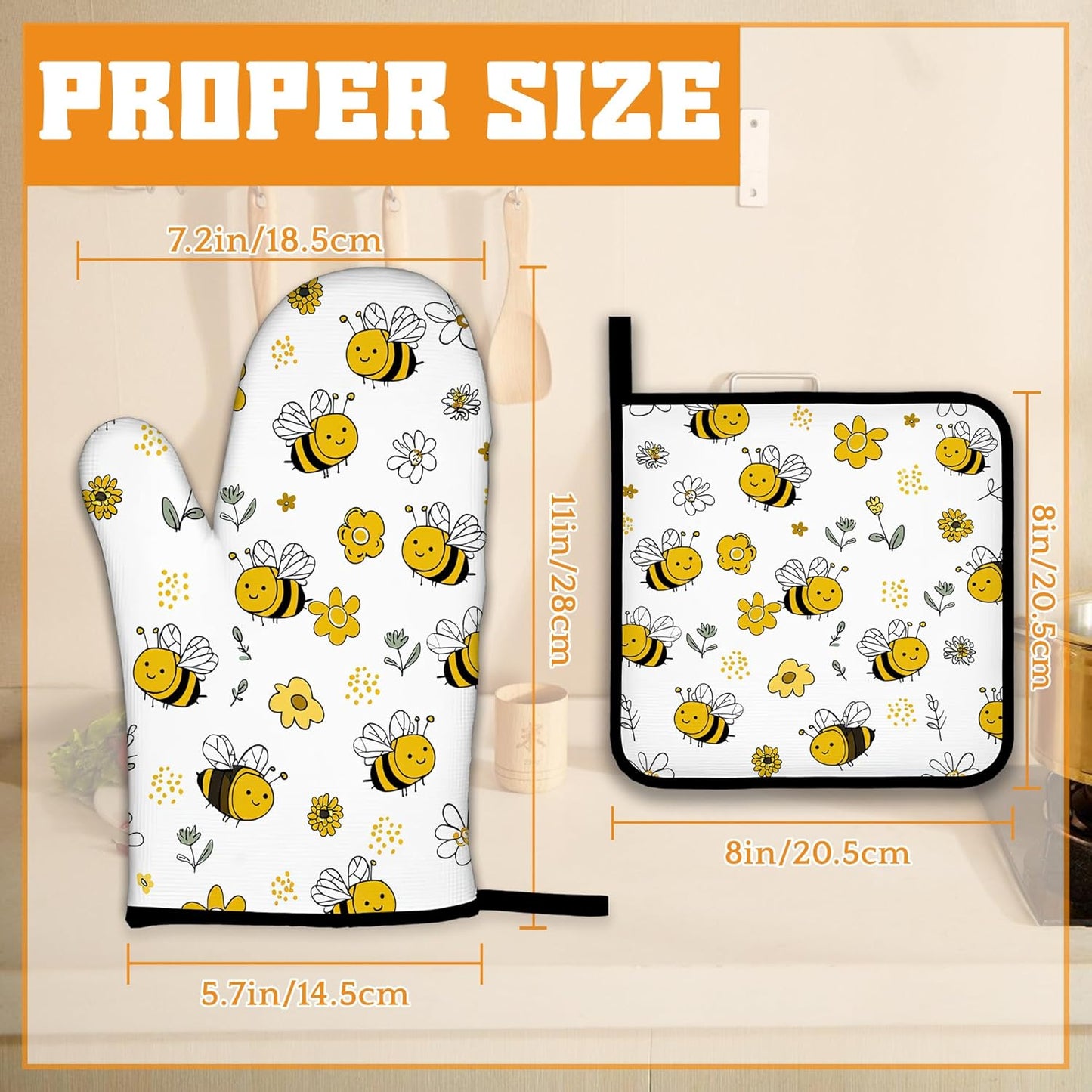 Cute Bee Oven Mitts and Pot Holders,Flower Heat Resistant Oven Mitts Gloves and Pot Holder for Home Kitchen Decorations Cooking Baking BBQ Gifts,Set of 4