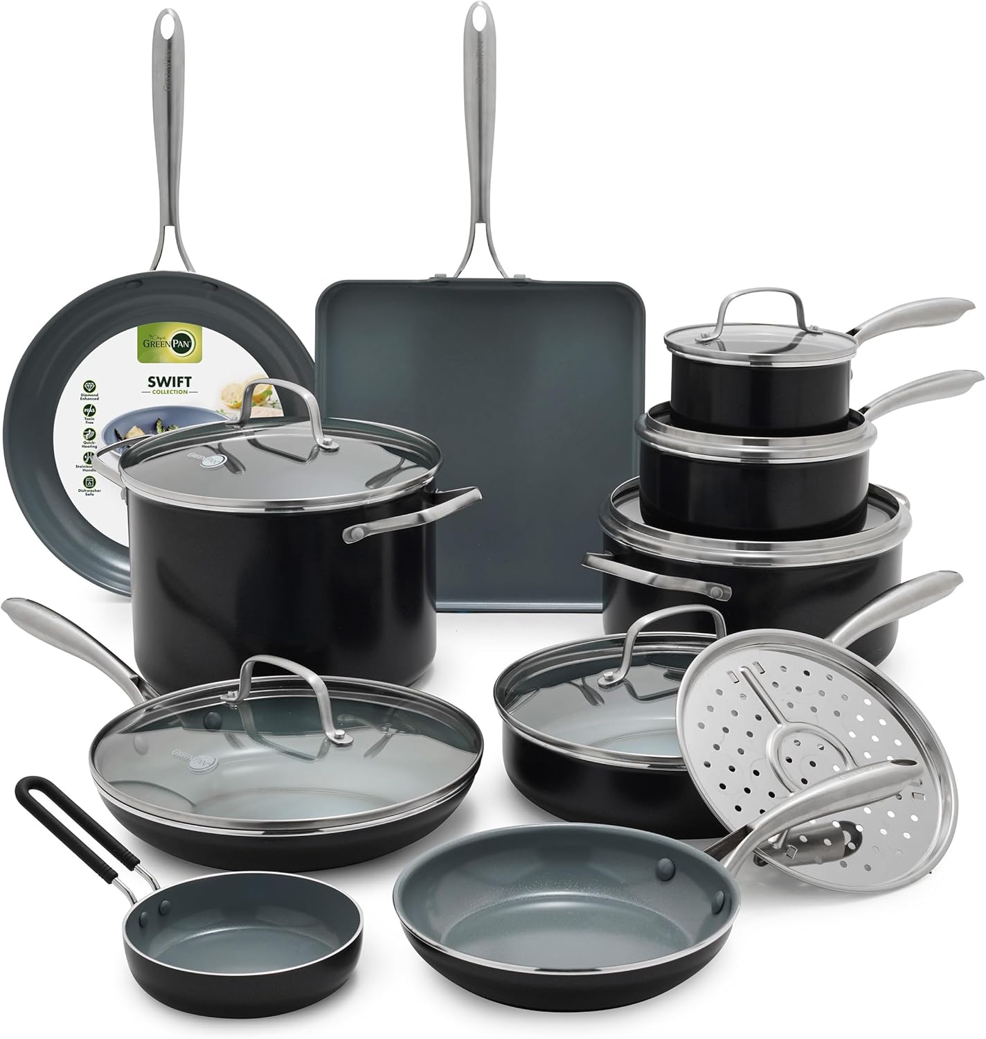 GreenPan 17 Piece Nonstick Swift Cookware Set, Ceramic PFAS-Free Pots & Pans with Lids, Dishwasher & Oven/Broiler Safe to 600F, Kitchen Cooking Set, Sauce, Saute, Stock, Griddle, Frying Pans, Gray