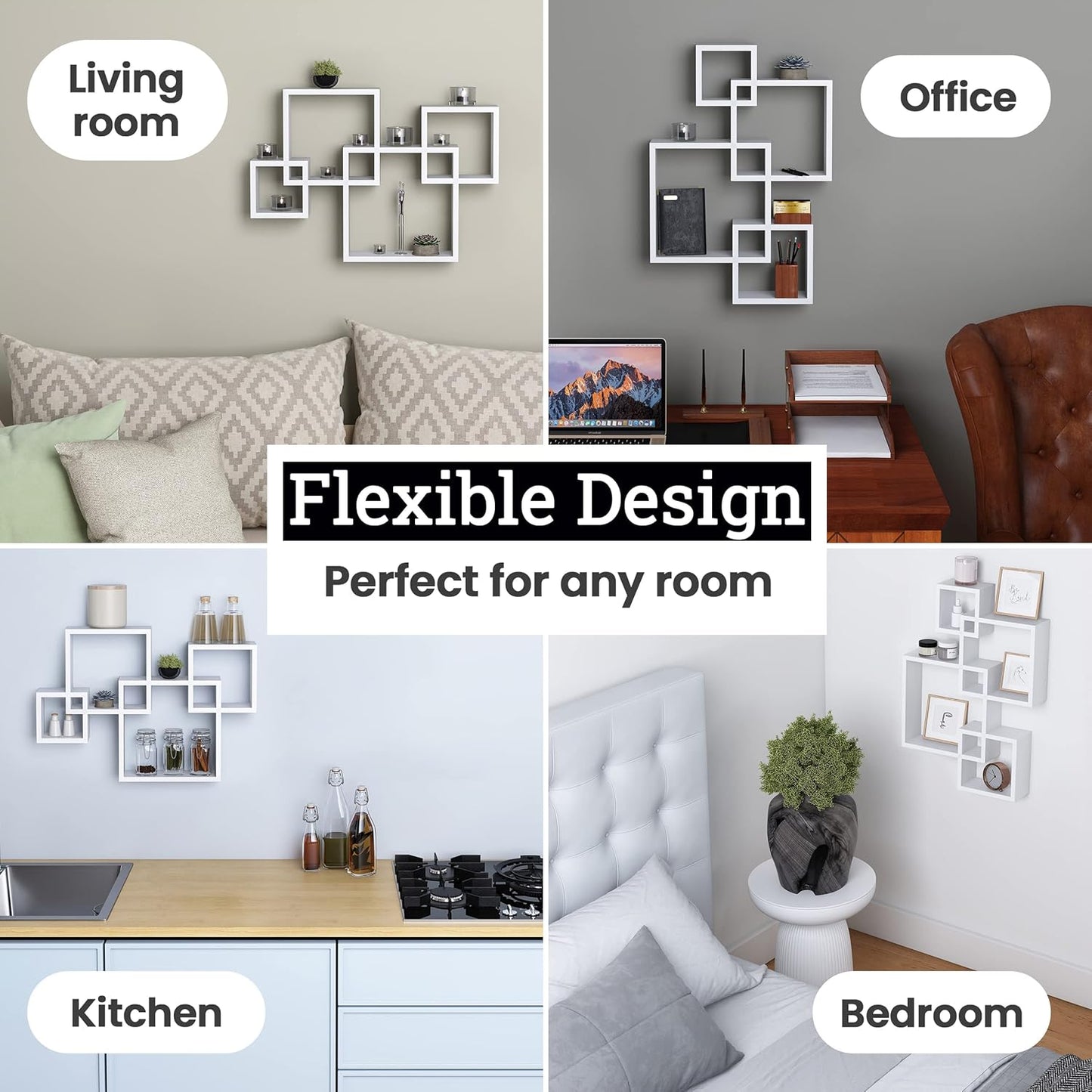 Greenco Gray Floating Cube Shelves - Intersecting Wall Mounted Shelves - Bedroom Decor for Men - Wall Decor Square Shelves for Bedrooms, Living Rooms & More - Set of 4 Box Shelves