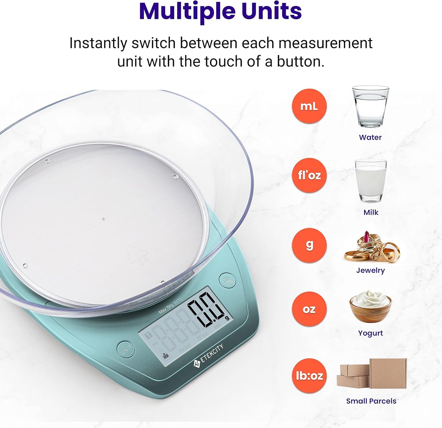 Etekcity 0.1g Food Scale, Bowl, Digital Grams and Ounces for Weight Loss, Dieting, Baking, Cooking, and Meal Prep, 11lb/5kg, Bright Blue