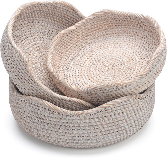 YANGQIHOME Rattan Round Fruit Baskets, Wicker Storage Bowls, Natural Woven Serving Basket Bowls, Decorative Baskets for Kitchen Counter Organizing, Whitewash, Set of 3