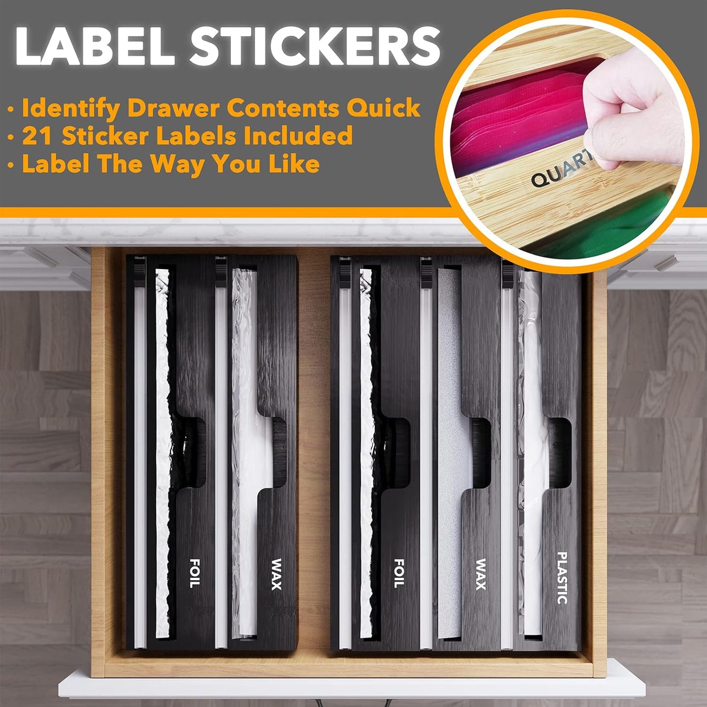 SpaceAid WrapNeat 3 in 1 Wrap Organizer with Cutter and Labels, Plastic Wrap, Aluminum Foil and Wax Bamboo Dispenser for Kitchen Storage Organization Holder for 12" Roll (Black)