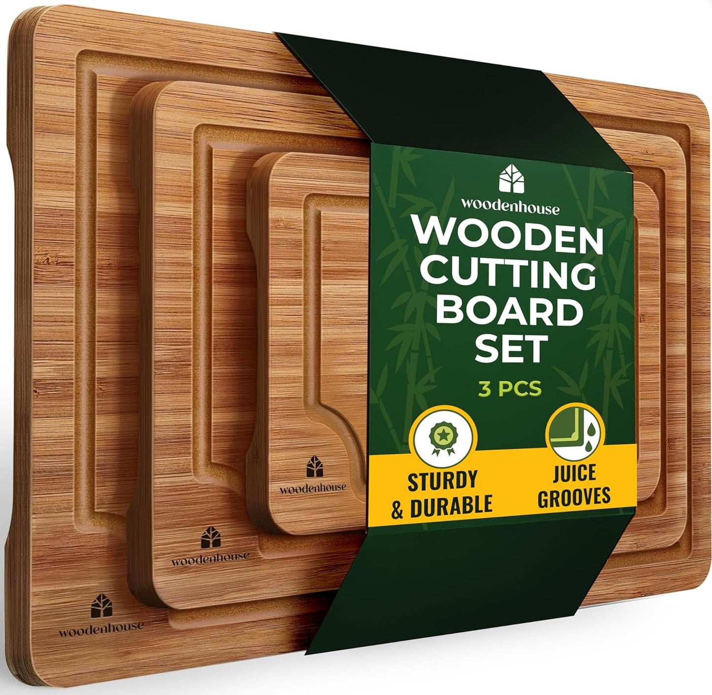 Wood Cutting Boards Set of 3 – Thick & Sturdy Bamboo Cutting Board with Deep Juice Grooves & Build-in Handles, Large Surface, Easy to Clean – for Meat, Vegetables and Fruits