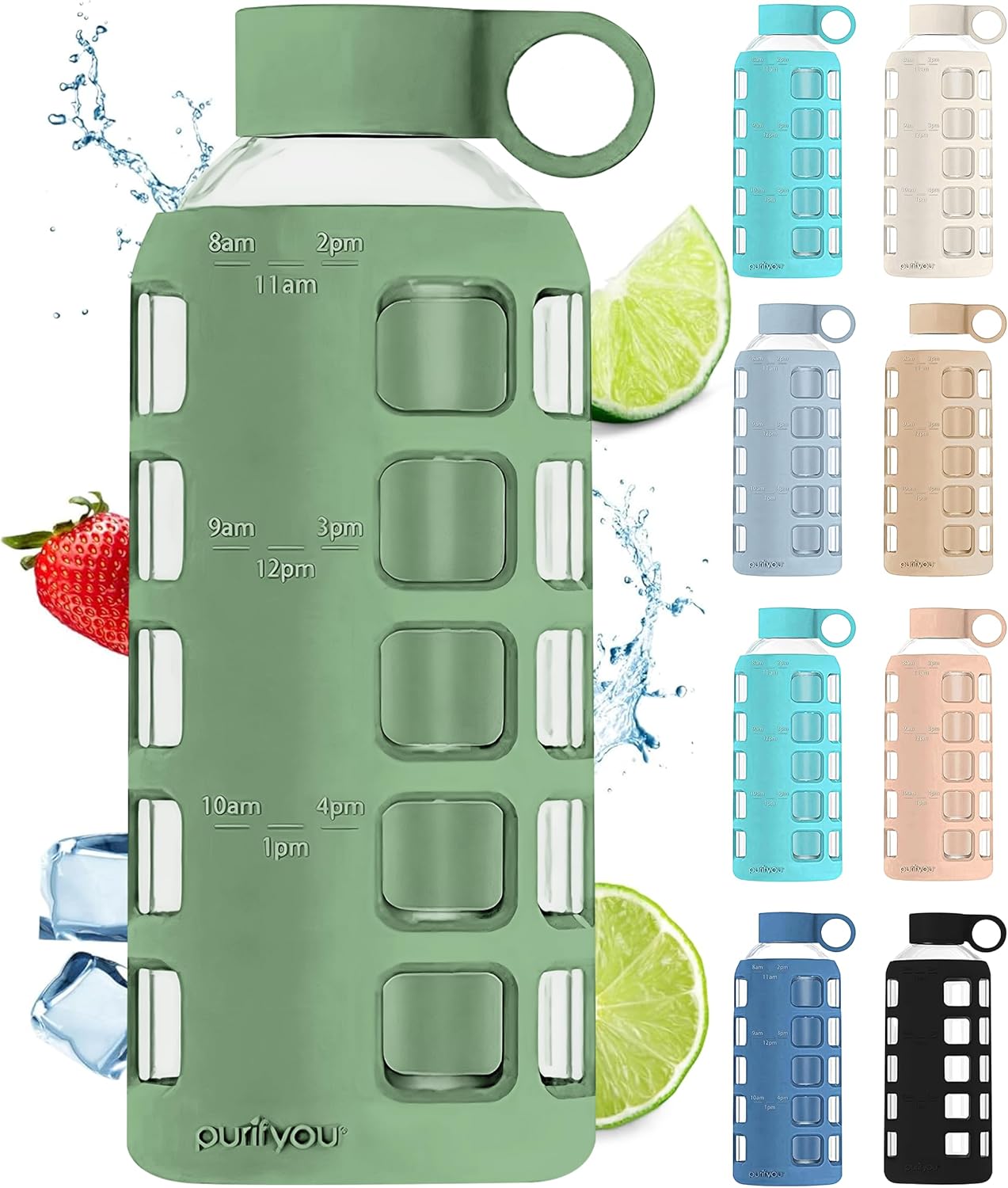 purifyou 40oz / 32oz / 22oz / 12oz Borosilicate Glass Water Bottle with Time & Volume Markers, Silicone Sleeve, Stainless Steel Lid – Reusable Glass Bottle for Water & Juice (22oz Shale Green)