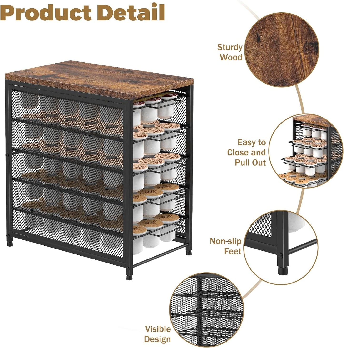 NANANARDOSO Coffee Pod Holder for Counter, 5 Tier Coffee Pod Drawer for Keurig Pod Storage Drawer Holder, 90 Capacity Pods Storage Organizer Cups Capsule with Sliding Baskets for Coffee Station