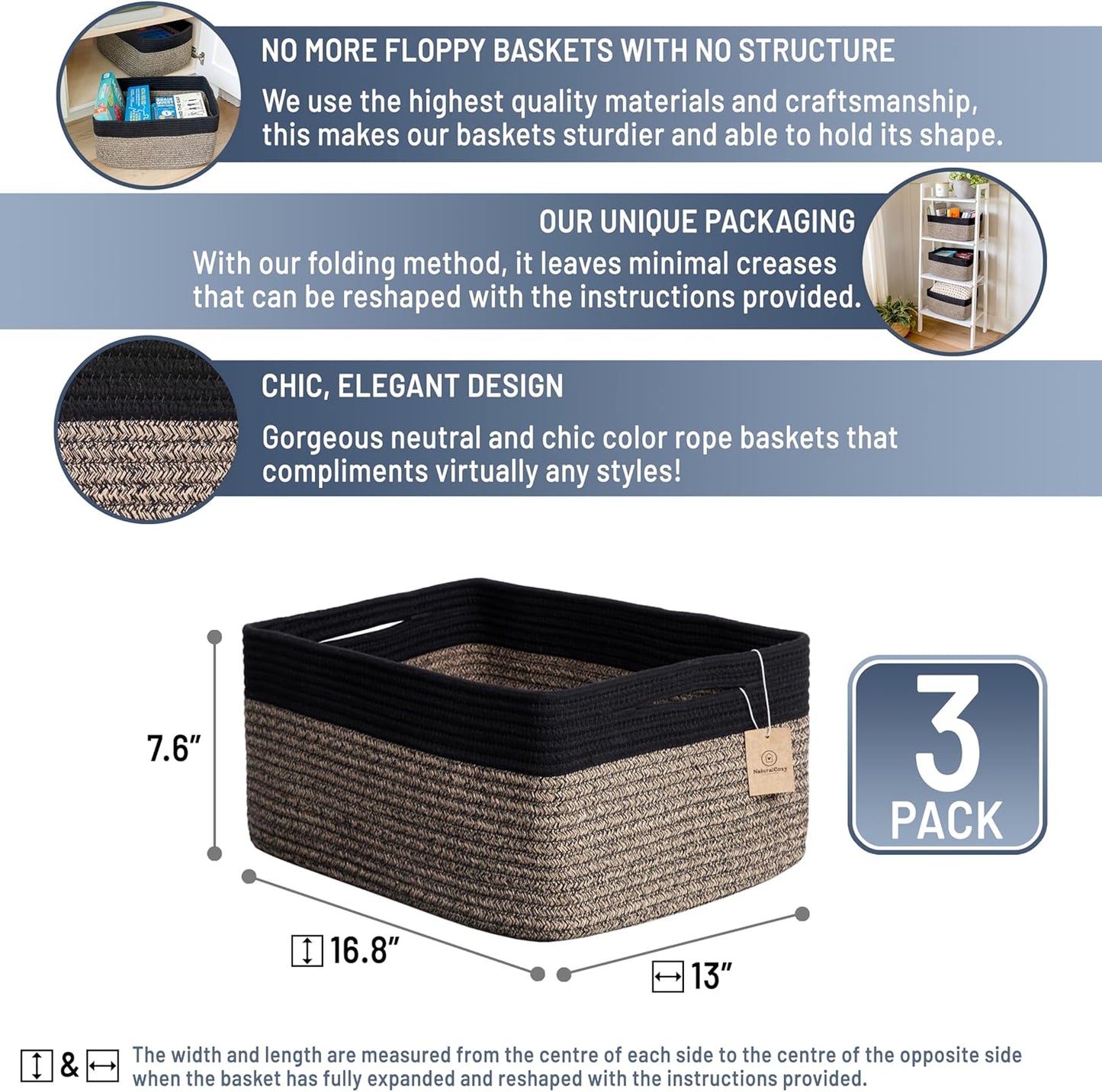 NaturalCozy Storage Baskets 16.8”x13”x7.6” Cotton Rope Woven Baskets for Organizing 3-Pack | Toy Storage Bins | Basket for Shelves, Laundry, Blanket, Clothes, Closet, Kitchen, Bathroom, Gifts