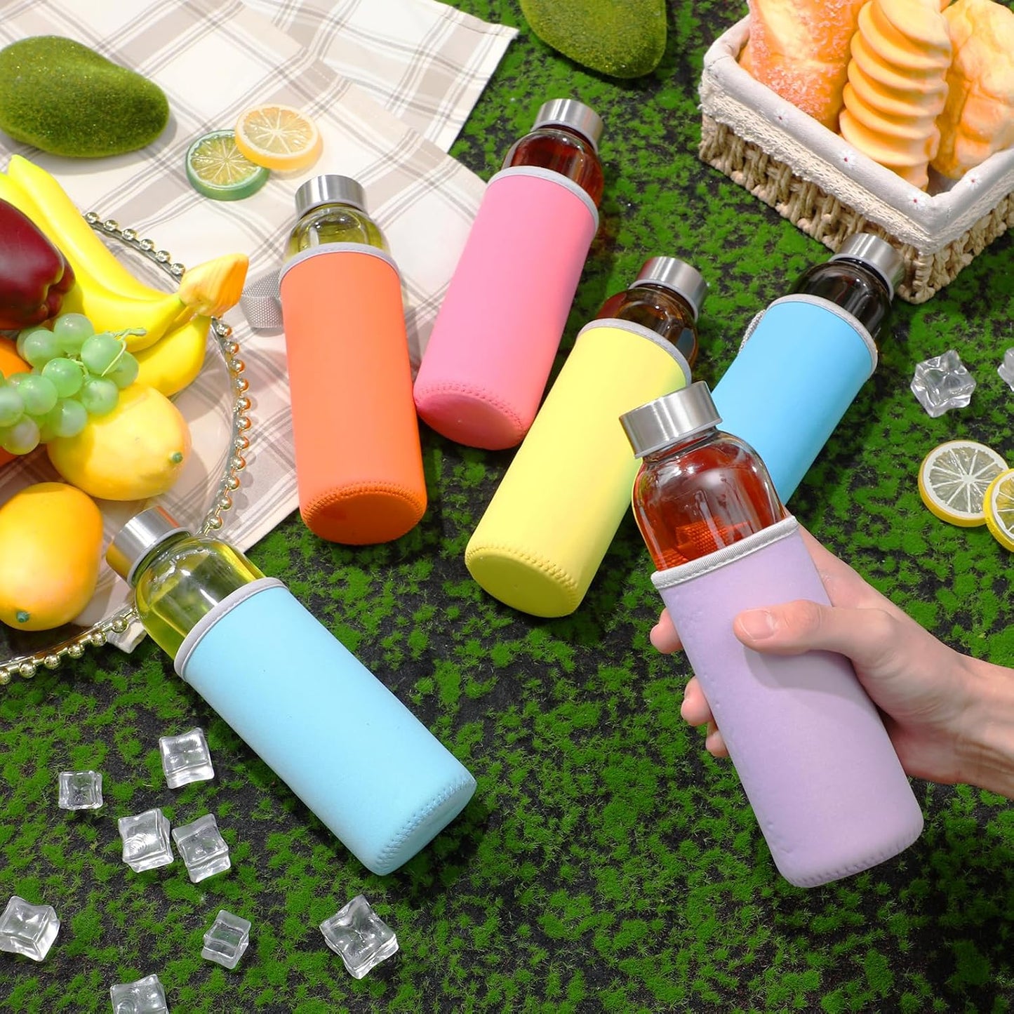 Vesici 12 Set 18 oz Clear Glass Water Bottles, Reusable Glass Juicing Bottles with Protection Sleeve and Stainless Steel Leak Proof Lids for Milk Smoothie Juice Beverage Tea (Colorful,Classic)