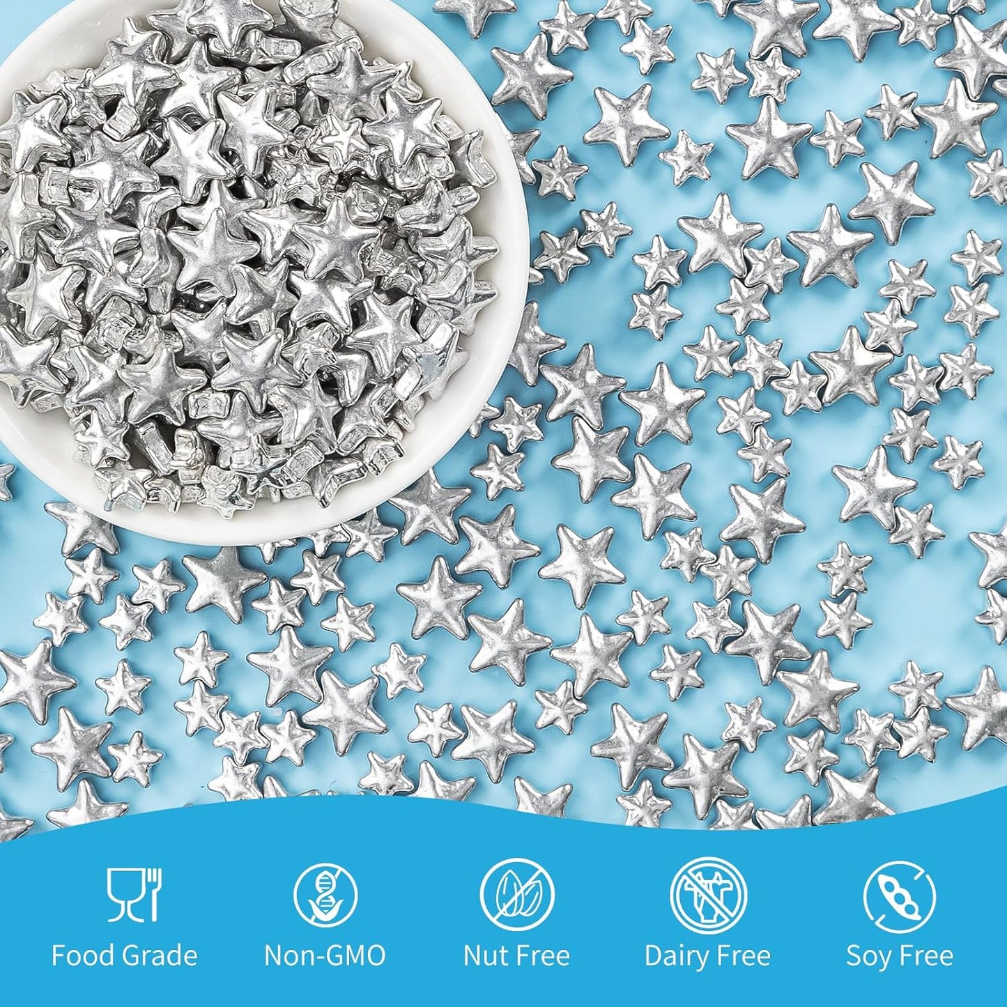 Edible Silver Star Sugar Sprinkles, Mix Size, Candy Star Sprinkle for Cake Decorations and Cupcake Toppers, Ice Cream, Wedding Party Valentines Christmas Supplies 130g/4.58ounce