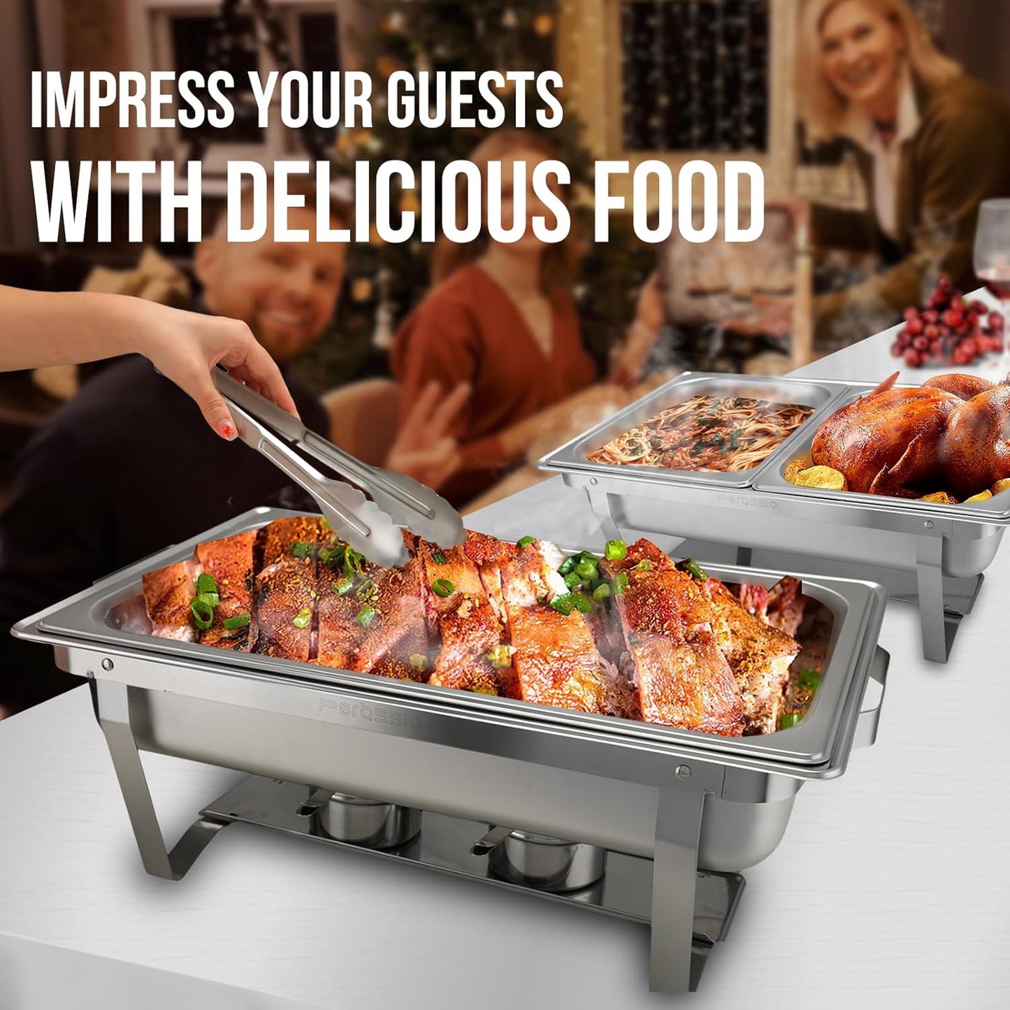 3 Packs Chafing Dish Buffet Set 8QT Stainless Steel with Full Size and 1/2 Size Pans Portable Serve Food Warmer for Catering Parties Wedding Graduation Commercial Events, 5 Pans