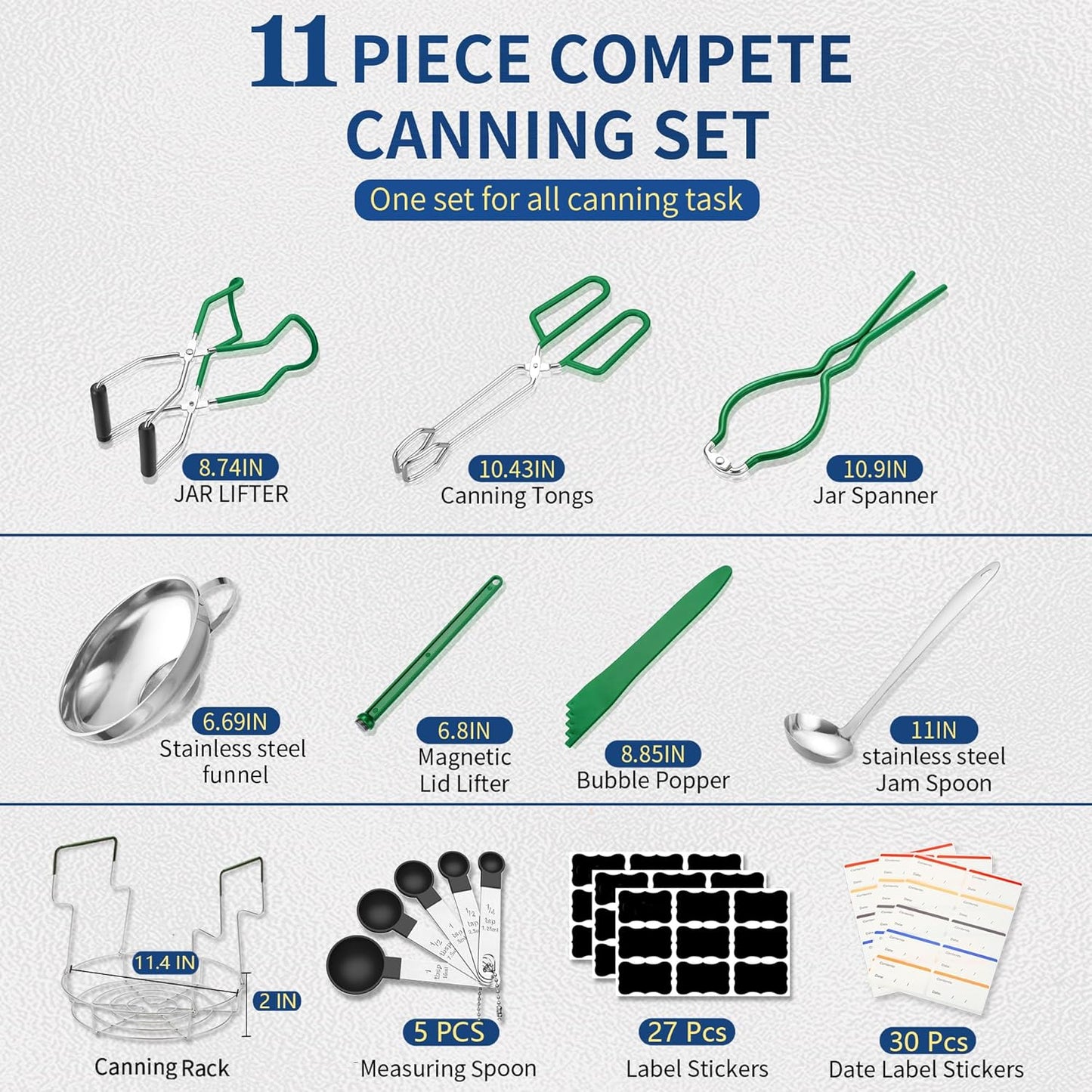 Canning Supplies Starter Kit,Canning Kit for Beginners of 11 with Rack, Jar Lifter，Funnel,Wrench,Tongs,Lid Lifter,Bubble Popper,Labels,ladle,Measuring Spoon-Deep Green