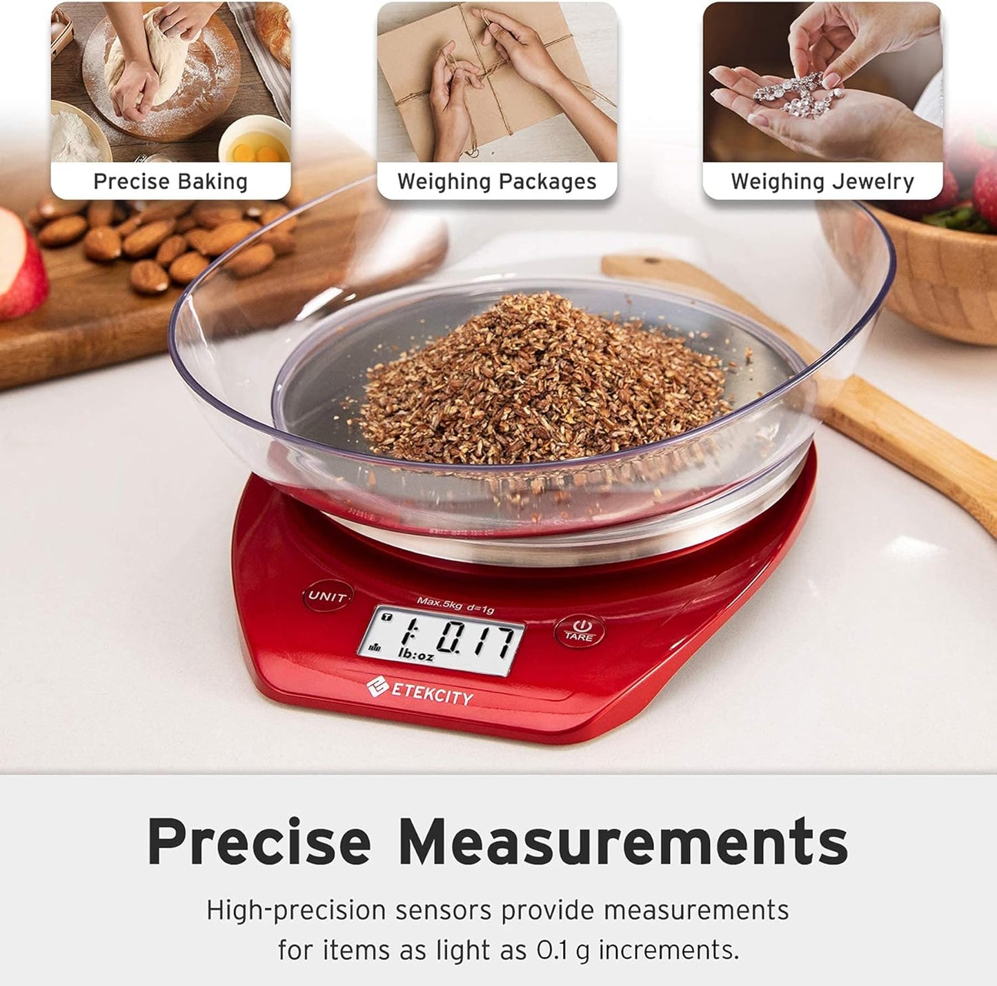 Etekcity 0.1g Food Kitchen Scale, Bowl, Digital Grams and Ounces for Weight Loss, Dieting, Baking, Cooking, and Meal Prep, 11lb/5kg, Stainless Steel Red