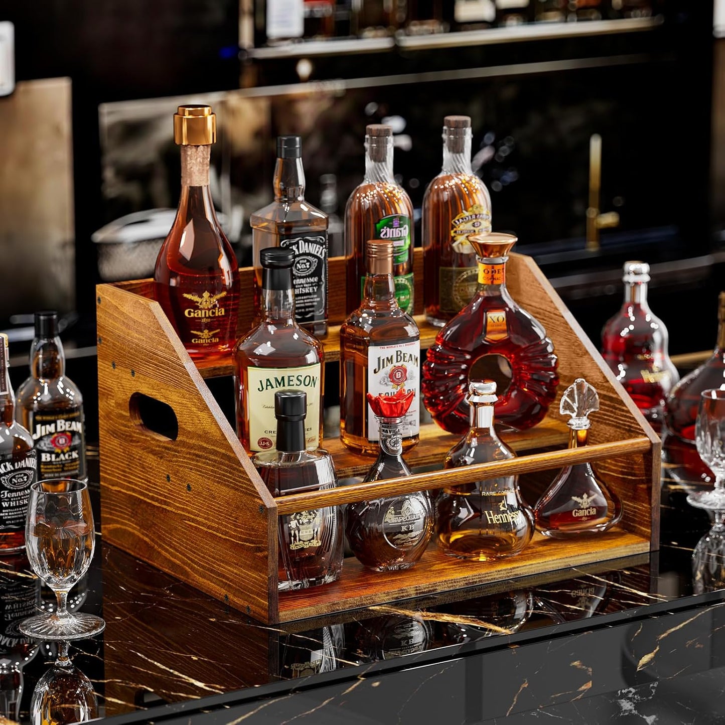 3 Tier Wood Liquor Bottle Display Shelf, Coffee Syrup Organizer Rack, Wine Racks Countertop, Bar Shelf for Vodka Tequila Whiskey, Liquor Cabinet for Home Decor, Mini Bar, Black Bar Organizer