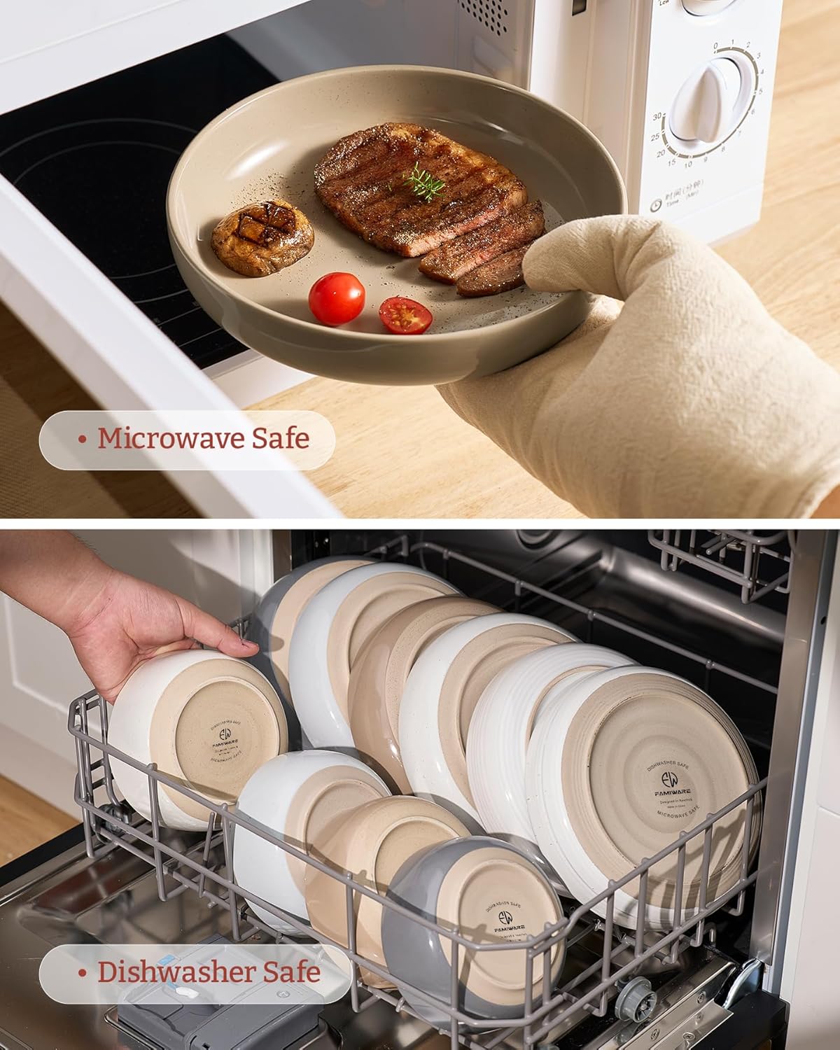 famiware Milkyway 33 oz Bowl Set, Pasta Bowls Set of 4, Salad Bowls, Double Reactive Glaze, Sturdy & Stackable, Ideal for Housewarming, Festivals, White & Cinnamon Brown