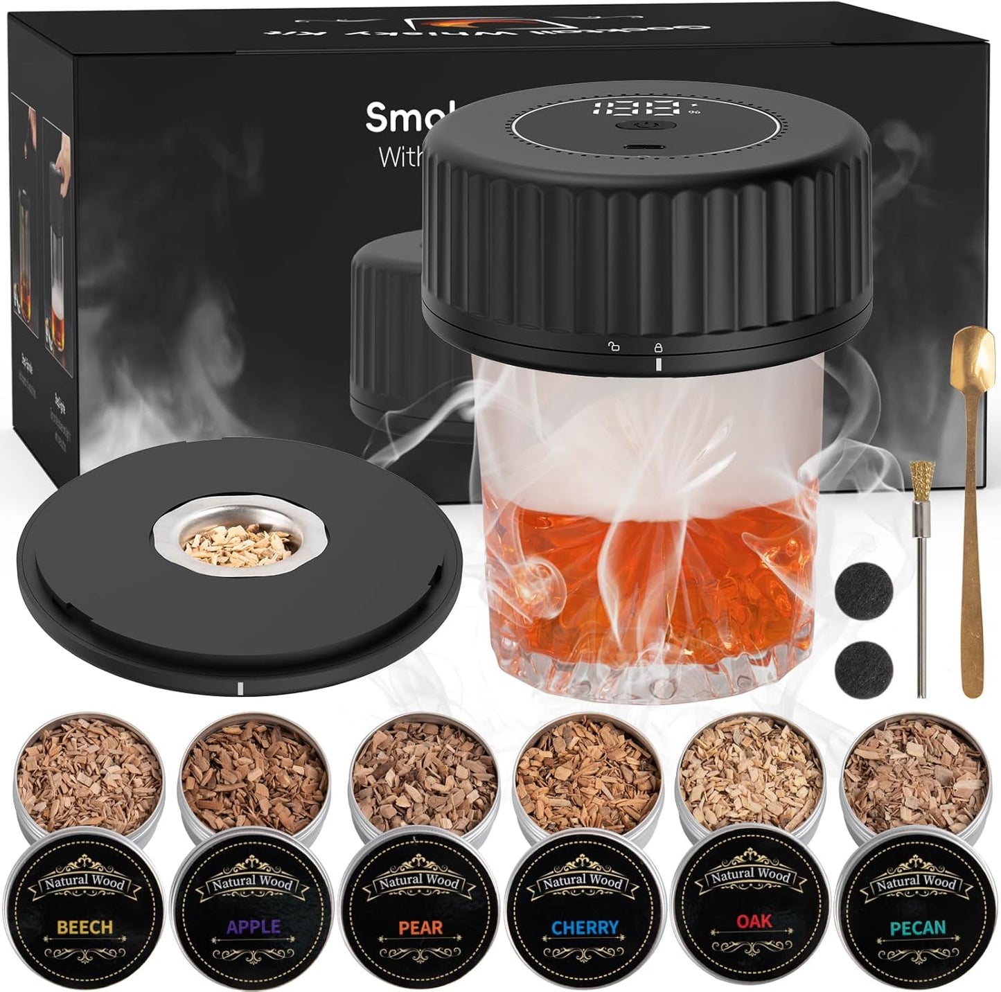 Whiskey Smoker Kit - Built-in Electric Lighter (No Butane）Drink Smoker, 6 Wood Chip Flavors, Rechargeable Cocktail Smoker Kit, Birthday Bourbon Whiskey Gift, Suitable for Men, Dad, Husband.