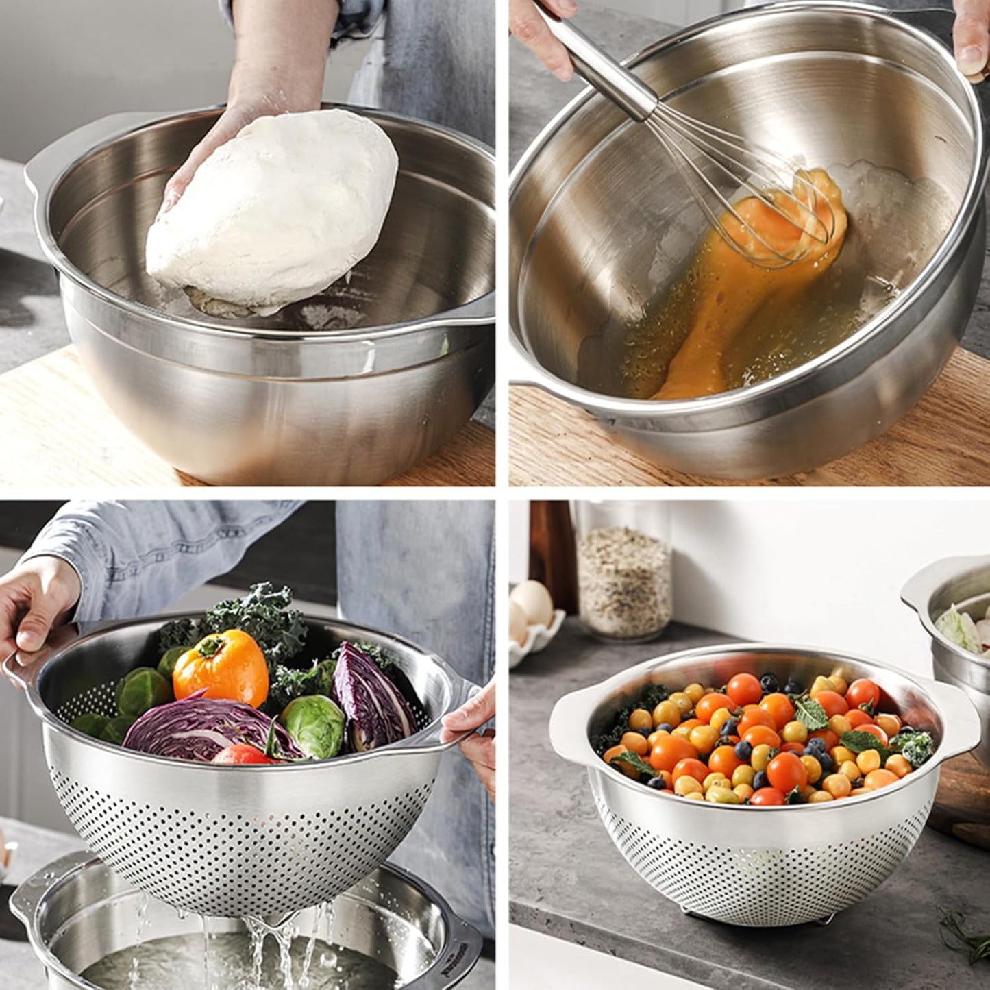 18/8 Stainless Steel Microwell Colander, 5QT Large Capacity with Handle Kitchen Food Strainer Basket for Washing Vegetables, Fruits, Rice, and Pasta (primary colour, 5QTColander+5QT Mixing bowl)