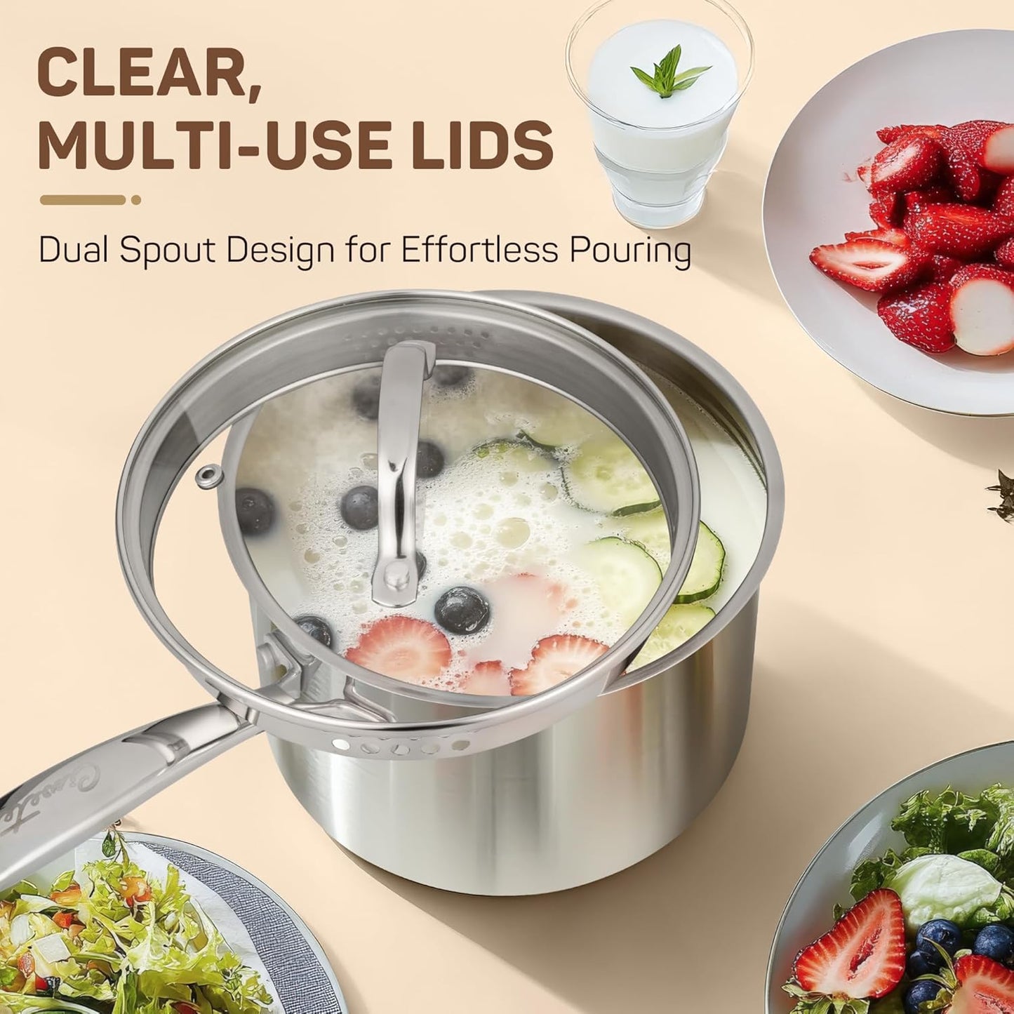 3 Qt Stainless Steel Saucepan with Glass Strainer Lid, 3 Quart Pot Stainless Steel Sauce Pan with Pour Spout, Mirror Polishing, Compatible with All Cooktops Dishwasher Safe Oven Safe