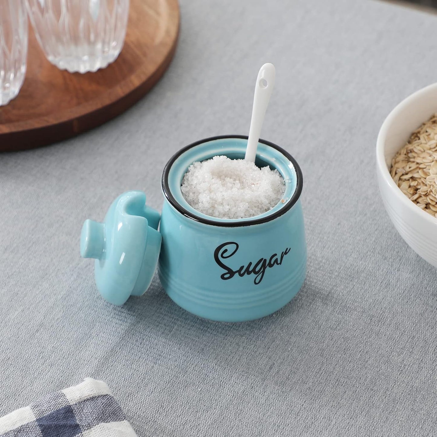 HAOTOP Farmhouse Porcelain Sugar Bowl with Lid and Spoon 12oz,Easy to Clean (Turquoise)
