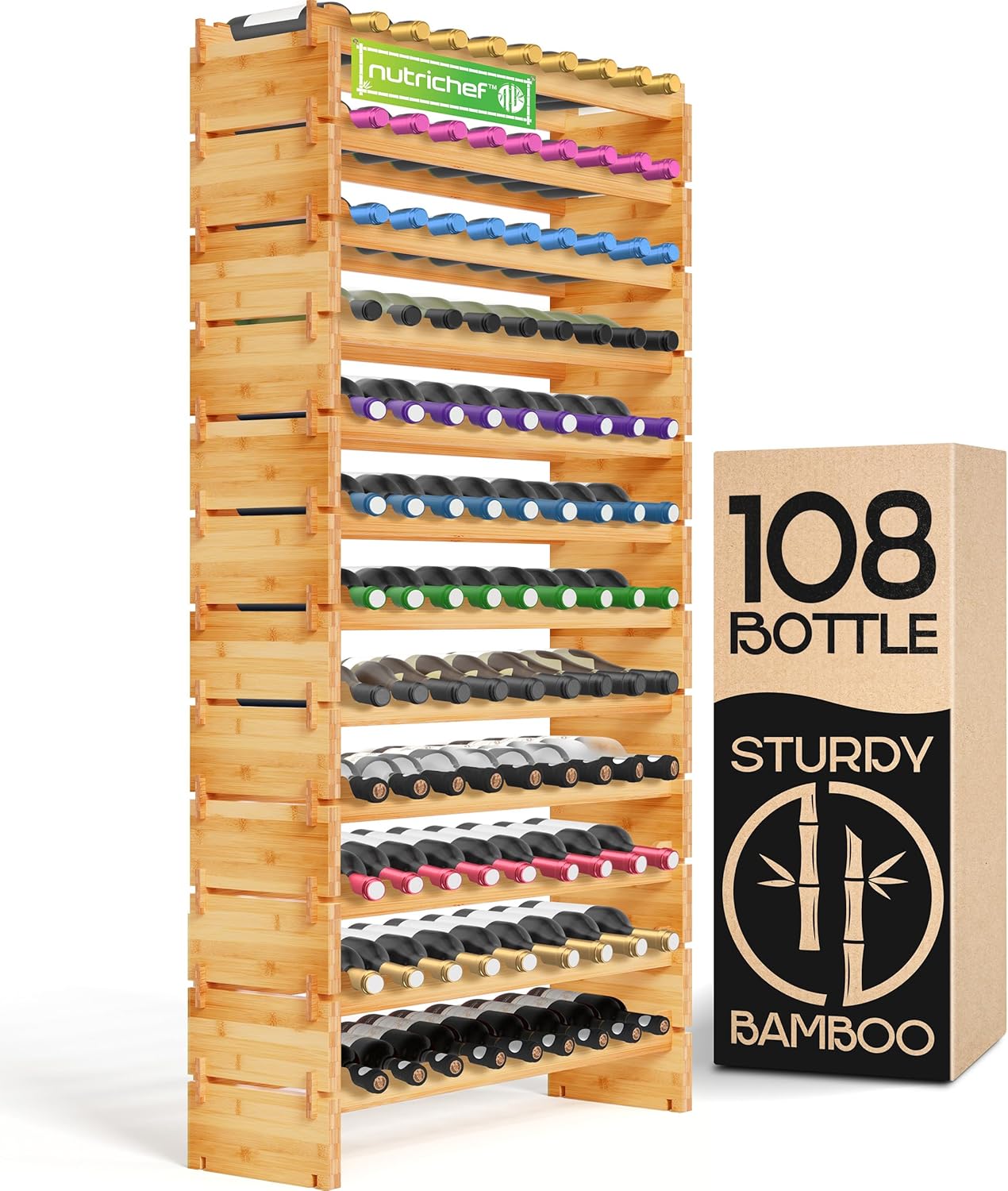 NutriChef Bamboo Stackable Wine Rack, 12-Tier 108 Bottle Capacity Free Standing Floor, No Tools Assembly, Modular Storage Display Shelf for Kitchen and Cellar 33.5" x 10" x 62.75"