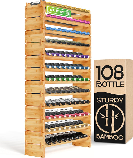 NutriChef Bamboo Stackable Wine Rack, 12-Tier 108 Bottle Capacity Free Standing Floor, No Tools Assembly, Modular Storage Display Shelf for Kitchen and Cellar 33.5" x 10" x 62.75"