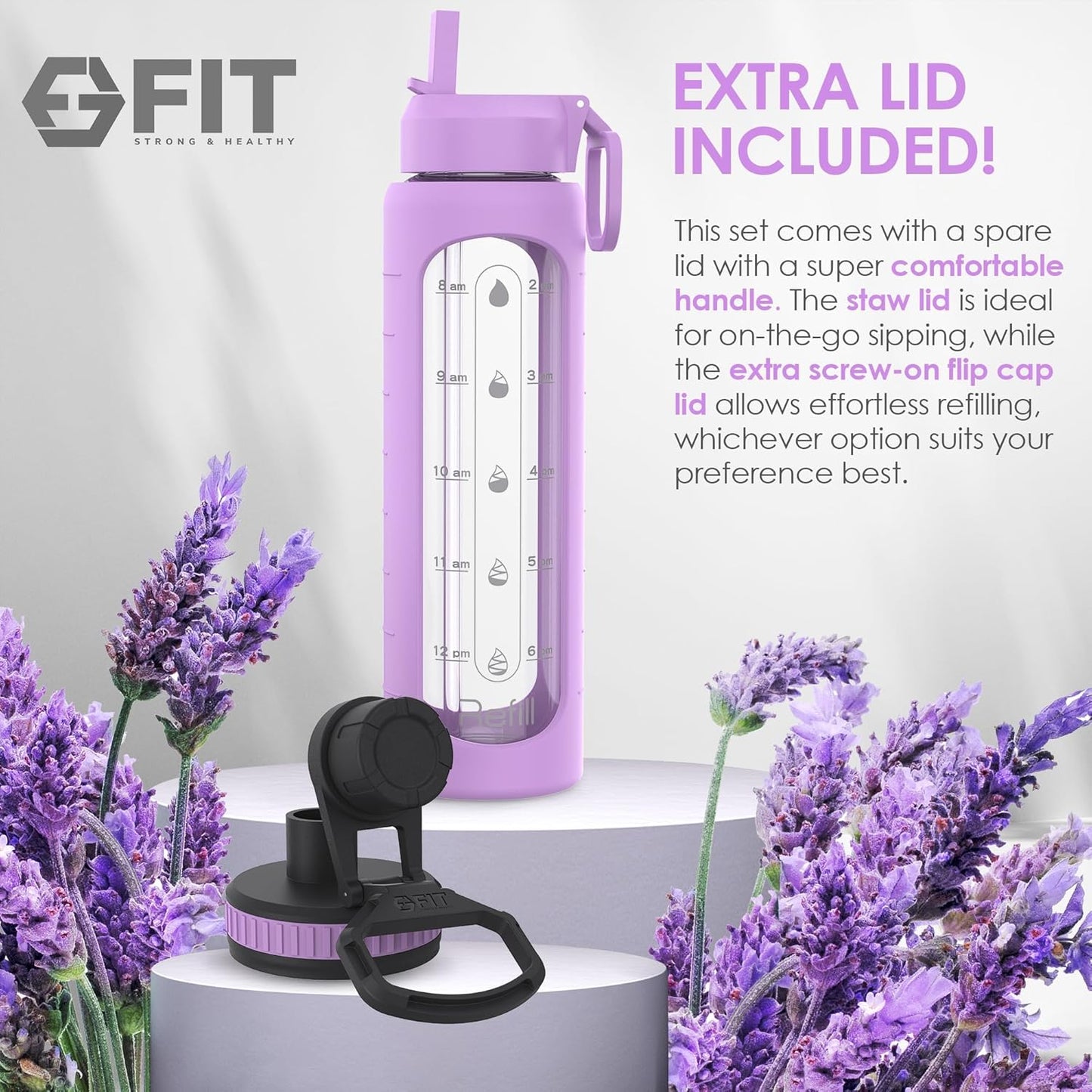 FIT Strong & Healthy 32 oz Glass Water Bottle with Straw Lid, Time Marker, Sleeve & Extra Lid - Motivational, Wide Mouth 1 Liter Glass Drinking Bottle